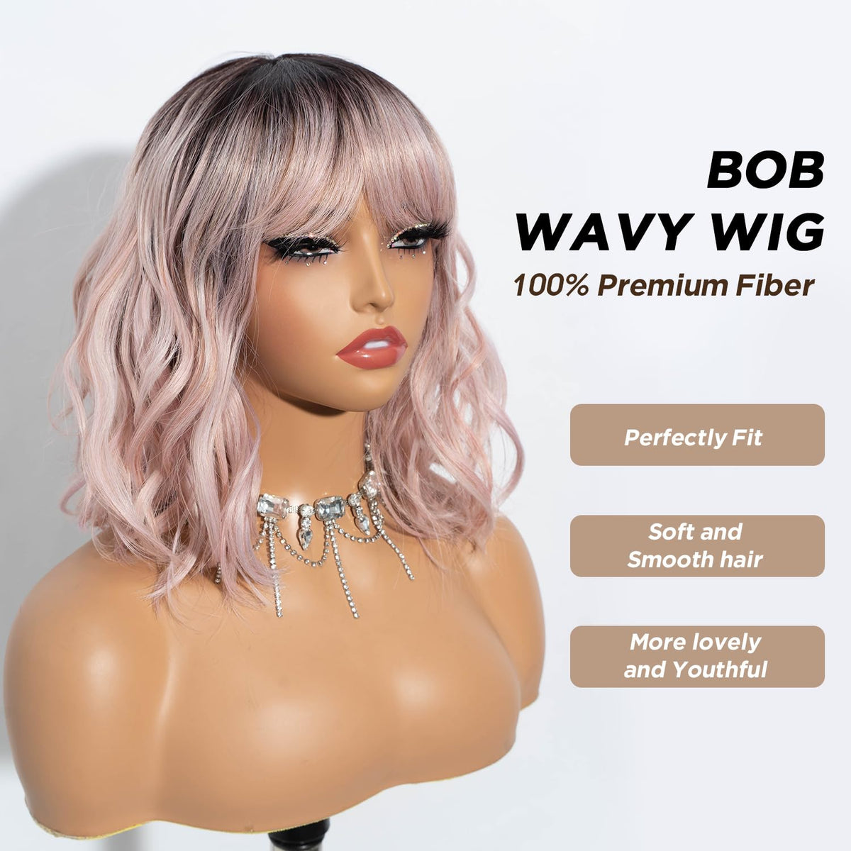 NOBLE Blue Wig with Bangs 12 Inches Short Bob Curly Wig Blue Wigs for Women Colorful Wavy Bob Wigs with Air Bangs Heat Resistant Synthetic Silver Blue Halloween Wigs for Cosplay Party