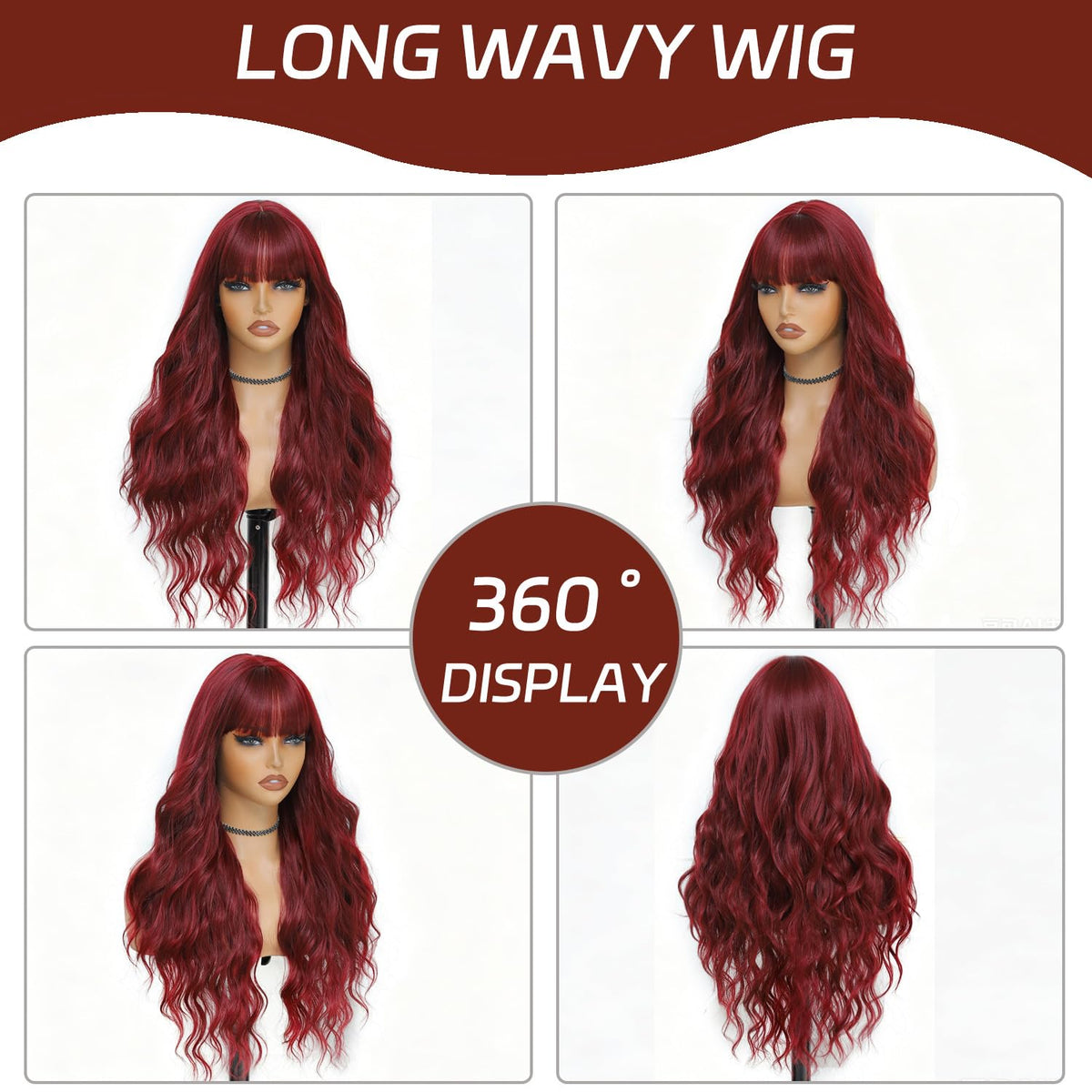 Burgundy Wig with Bangs for Women, Long Wavy Red Wig 26 Inch Wigs Heat Resistant Sythetic Wig for Daily Party Use