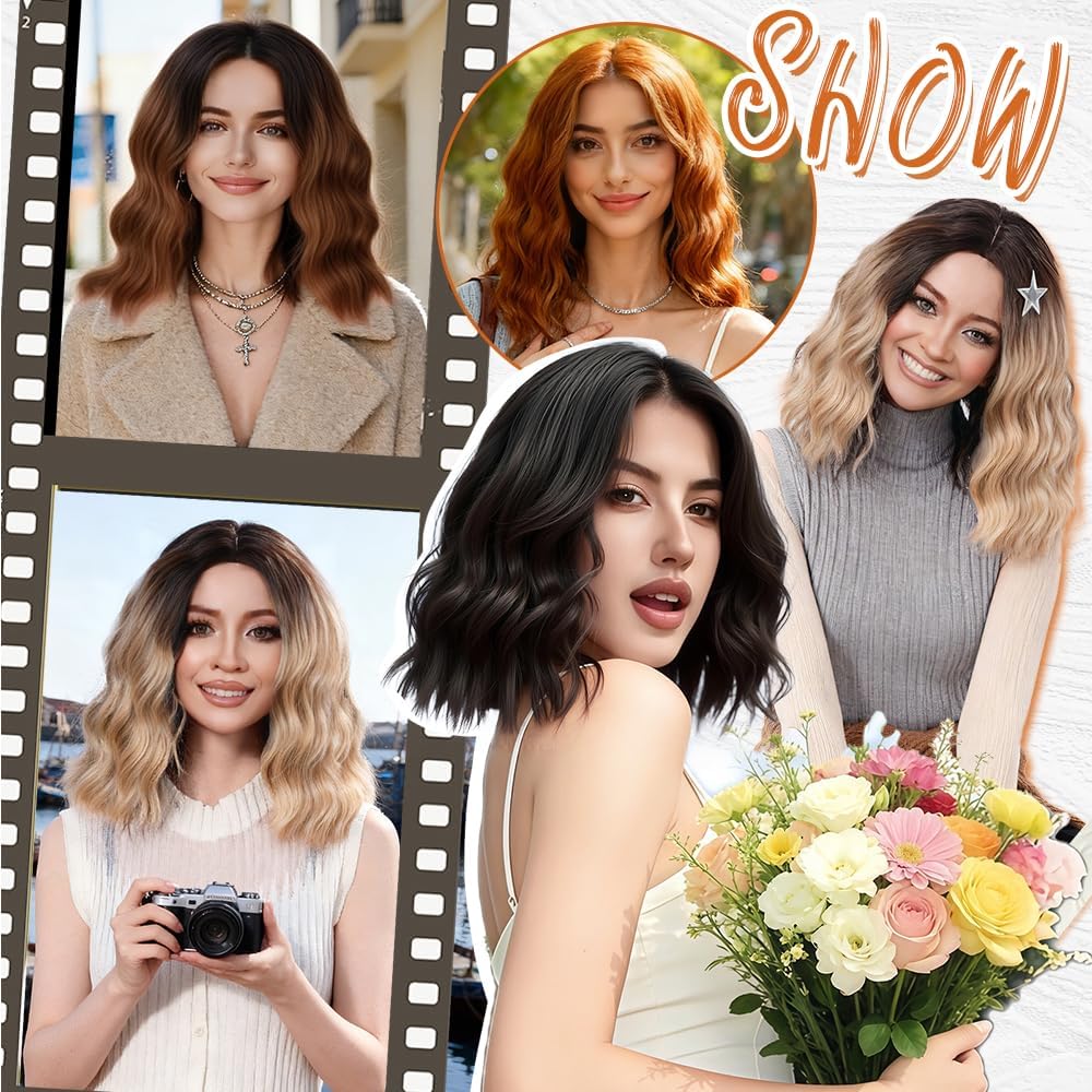 Short Wavy Wig with Bangs Black Mixed Brown Bob Curly Wigs for Women 14inch