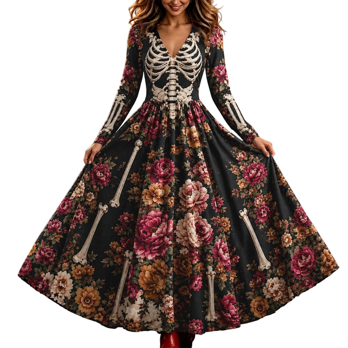 Halloween Dresses For Women V-Neck Skull Print Witch Costumes Gothic Dress