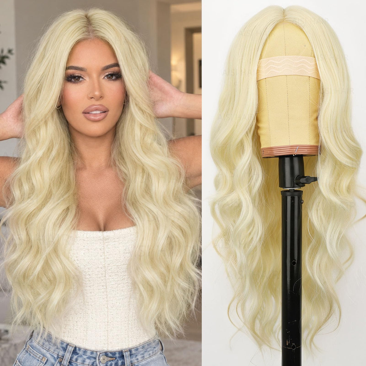 AISI HAIR Black Wig for Women, Long Wavy Lace Hairline Synthetic Wig 26Inch