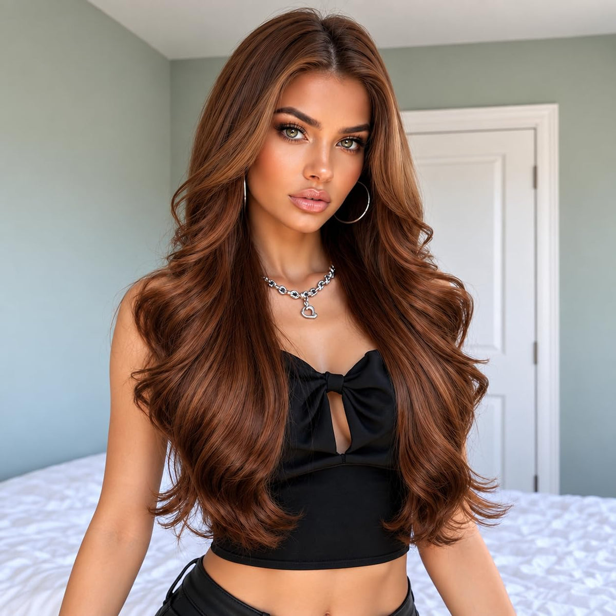 Brown Wigs for Women 26 Inch Middle Part Wavy Synthetic Wig