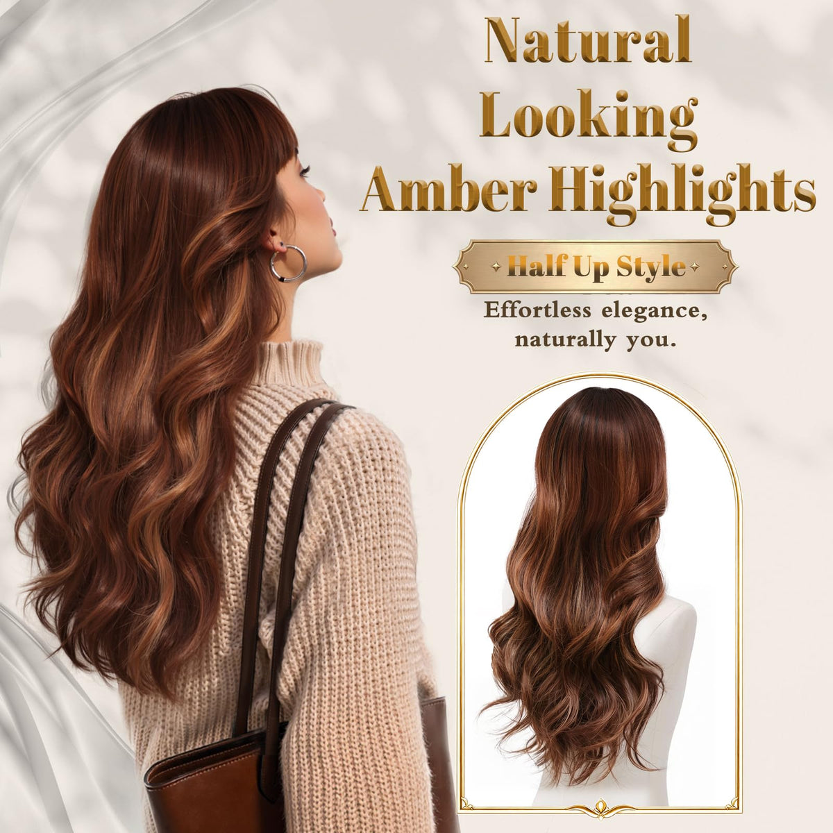 Rooted Honey Wig with Bangs for Women 24 Inch Long Wavy Synthetic Hair