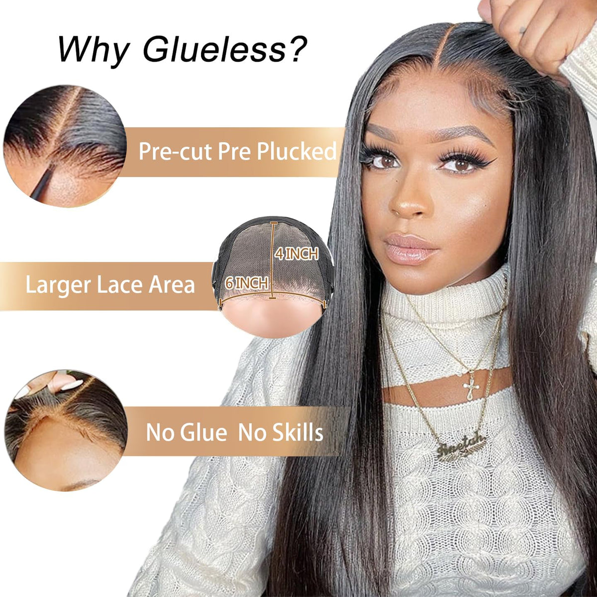 Wear and Go Glueless Wigs Human Hair Pre Cut 6X4 Straight Lace Front Wigs