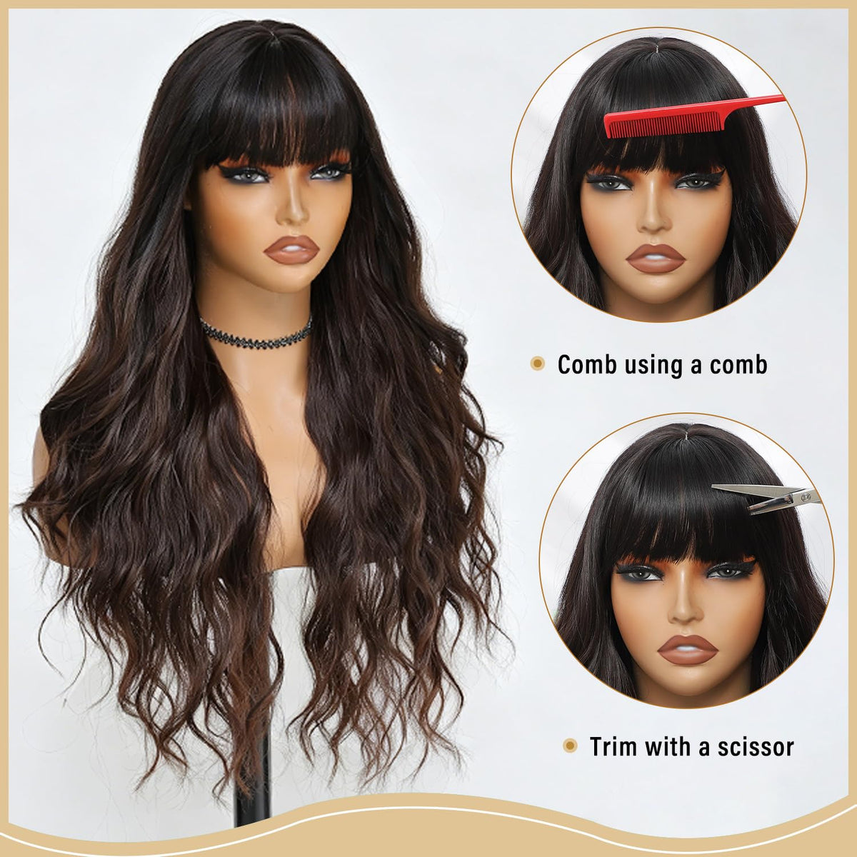 Burgundy Wig with Bangs for Women, Long Wavy Red Wig 26 Inch Wigs Heat Resistant Sythetic Wig for Daily Party Use