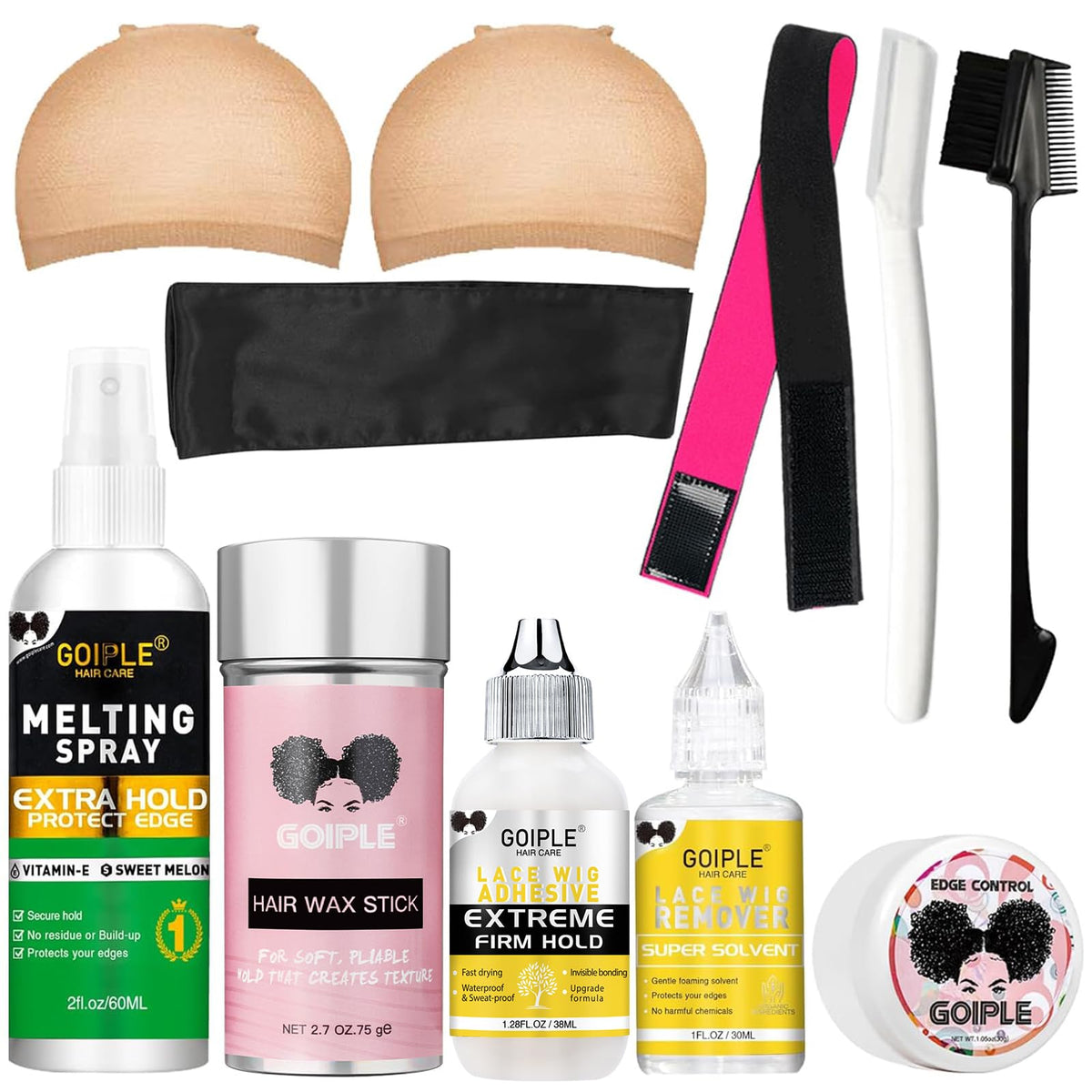 Wig Glue 1.28OZ, Waterproof Lace Front Adhsive for Wigs with Tools and Hair Wax Stick (Lace Adhesive/Wig Glue Remover/Wax Stick/Edge Control Wax/Elastic Band/Hair Dual Drush/Wigs Caps)