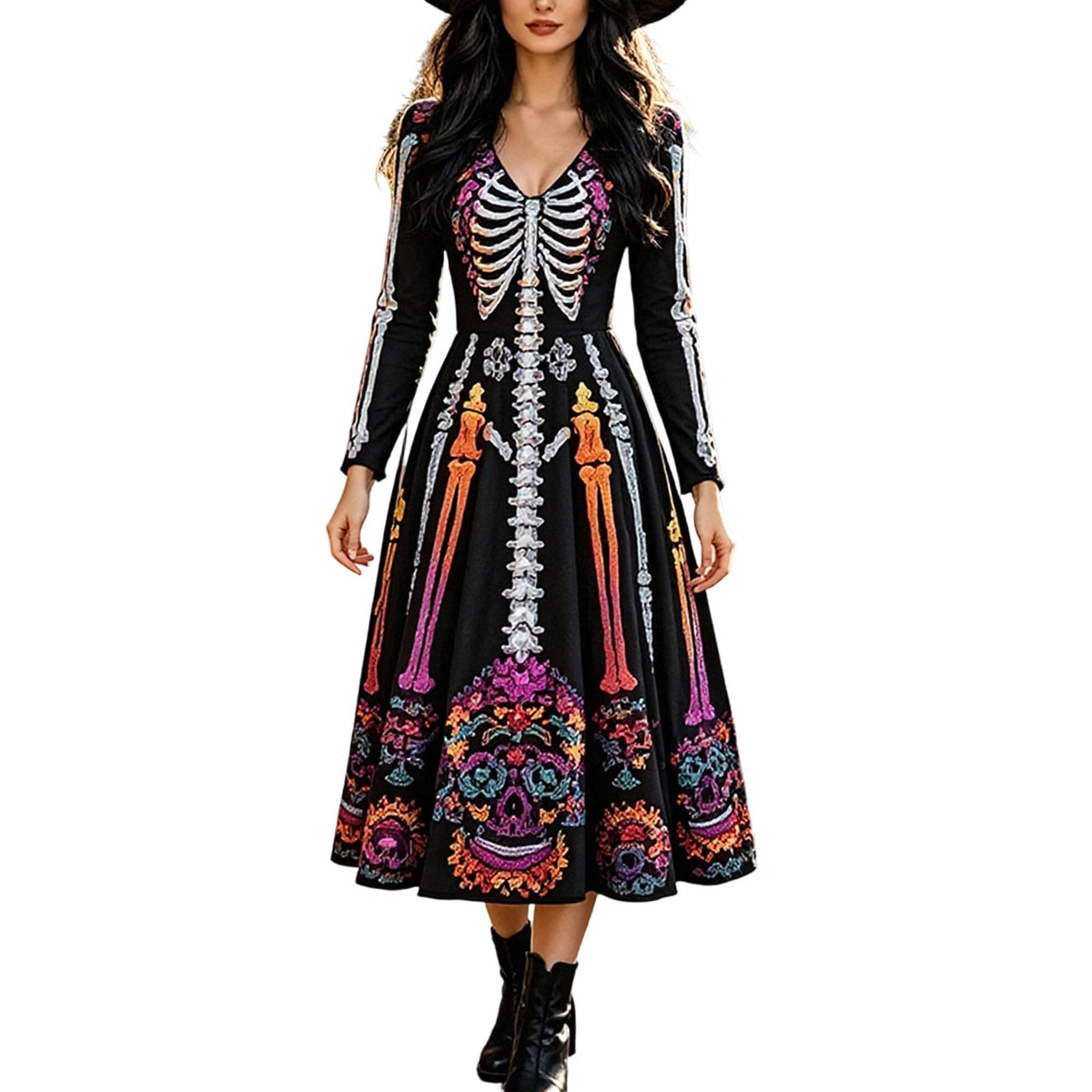 Halloween Dresses For Women V-Neck Skull Print Witch Costumes Gothic Dress