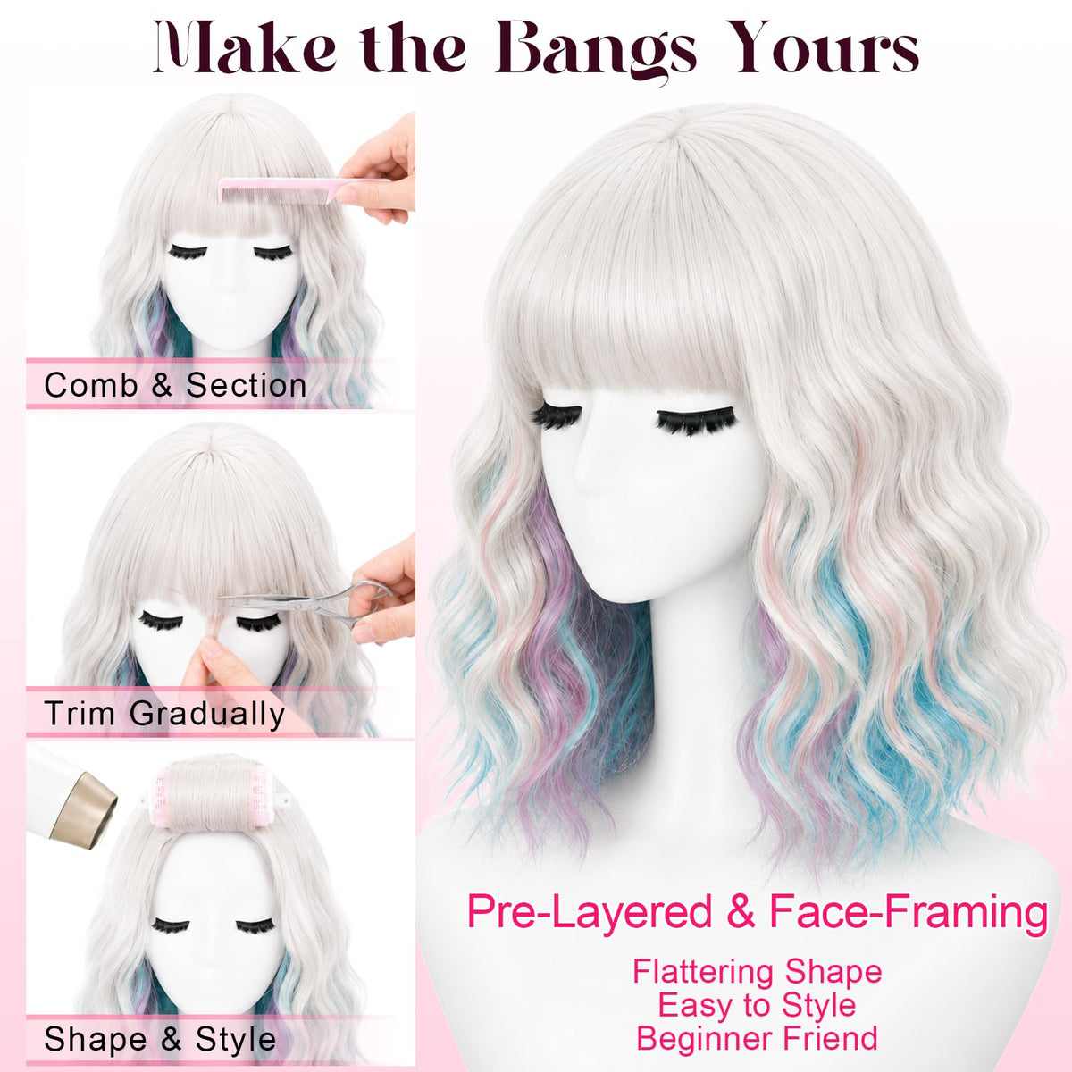 NOSTALGIA Wigs for Women, Short Wavy Bob Wig with Bangs, Trimmable Bangs, Shoulder Length, Black To Brown Heat Resistant Synthetic Wig for Daily Party Use, 14 Inch