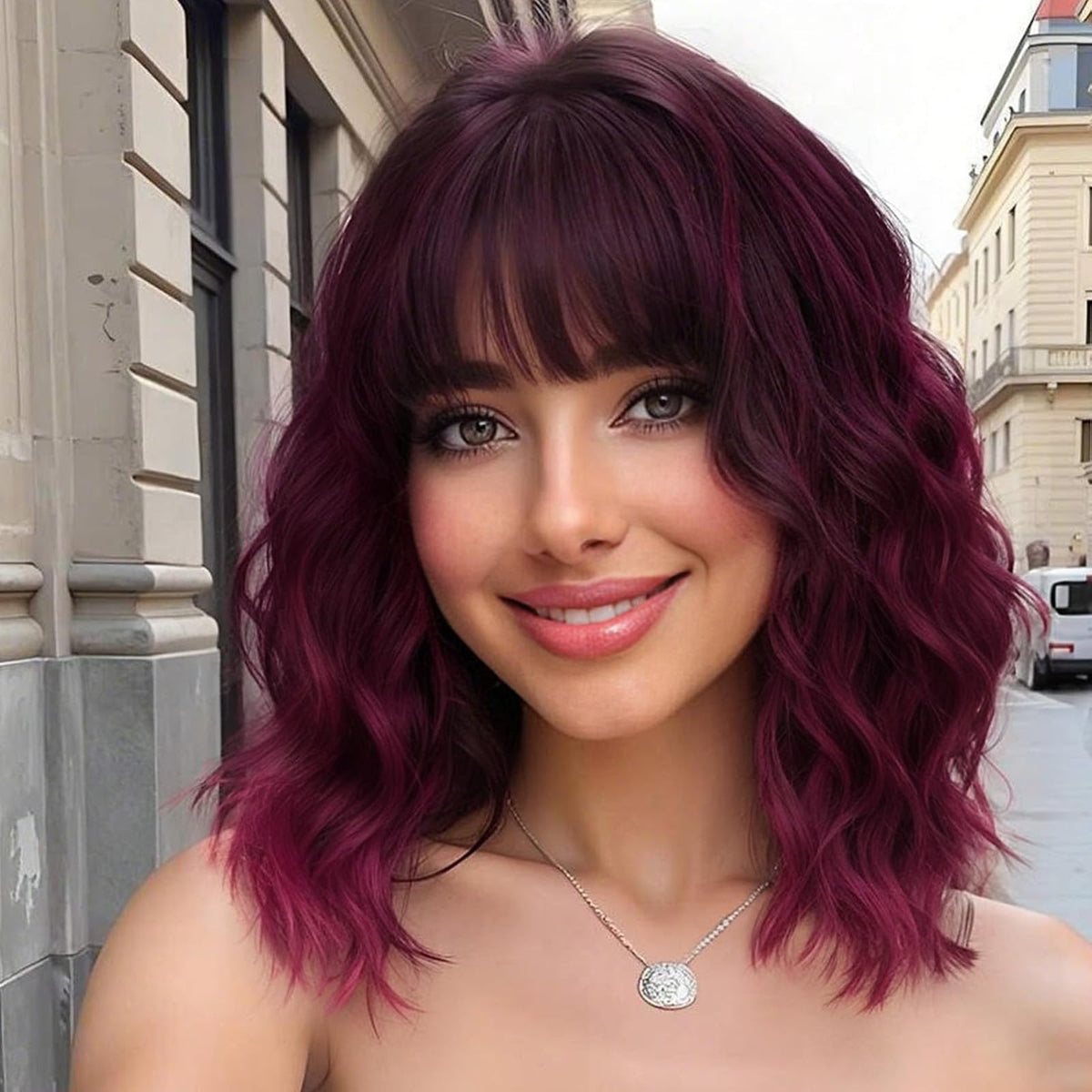 Nnzes Short Wavy Bob Wig with Bangs for Women Shoulder Length Curly Dark Brown with Purple Synthetic Heat-Resistant Fiber Hair for Daily & Party Use