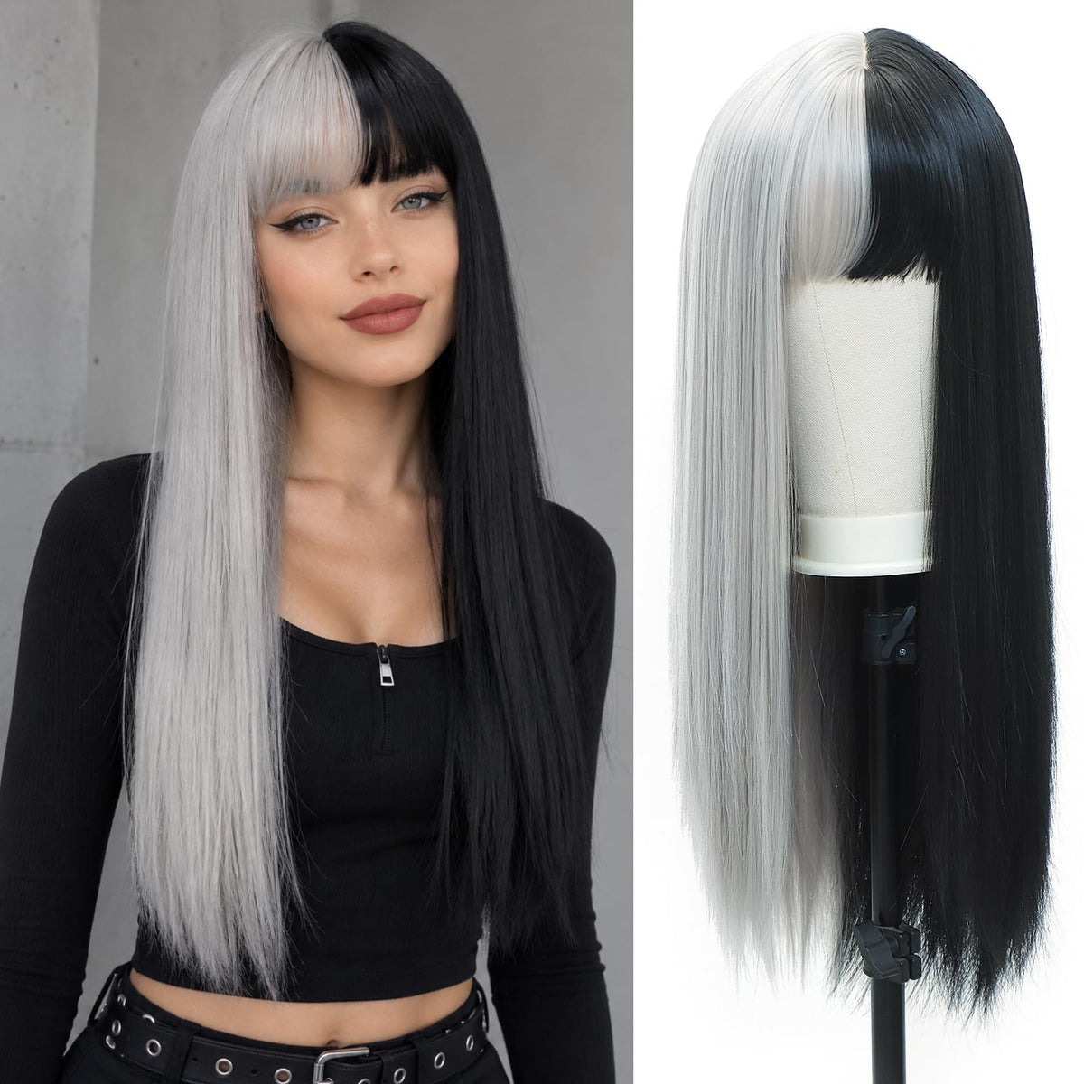 BEkjdiof Wig with Bangs Long Straight Gray Wigs for Women Halloween Wig
