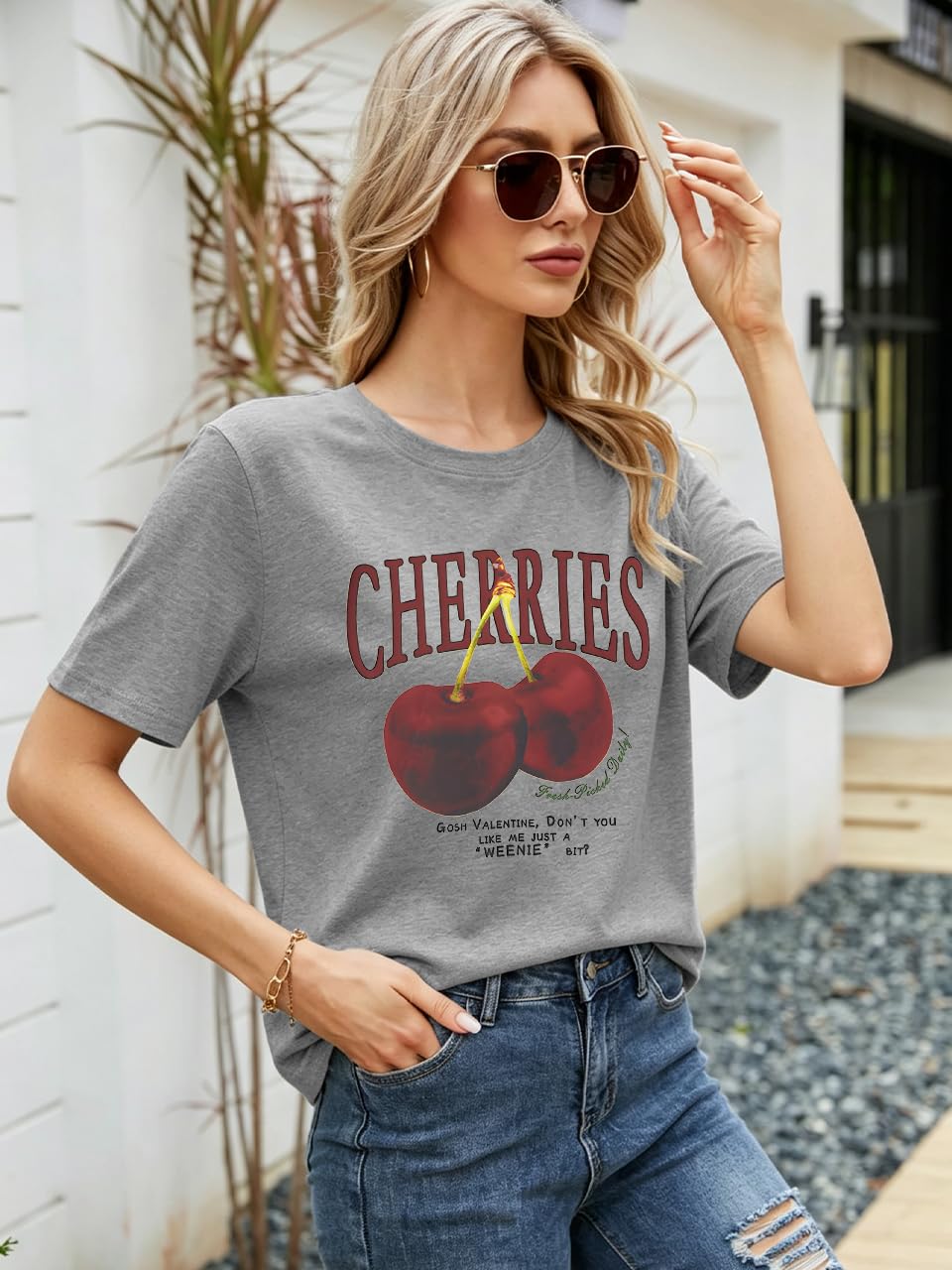 Cherry Graphic Tees Sweet Vibe Streetwear Shirt Short Sleeve Tops for Women