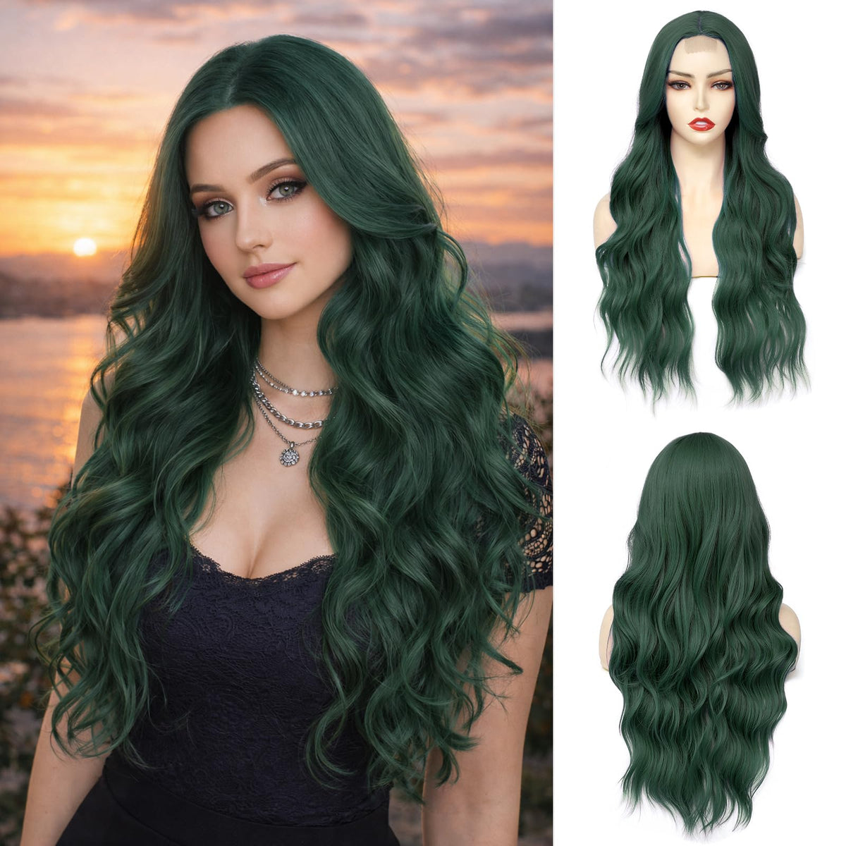 NAYOO 26 Inch Long Wavy Black Wig for Women, Middle Part Natural Looking Synthetic Wig, Heat Resistant Fiber Soft & Lightweight, Realistic Scalp Long Curly Wig for Daily Wear Party Cosplay