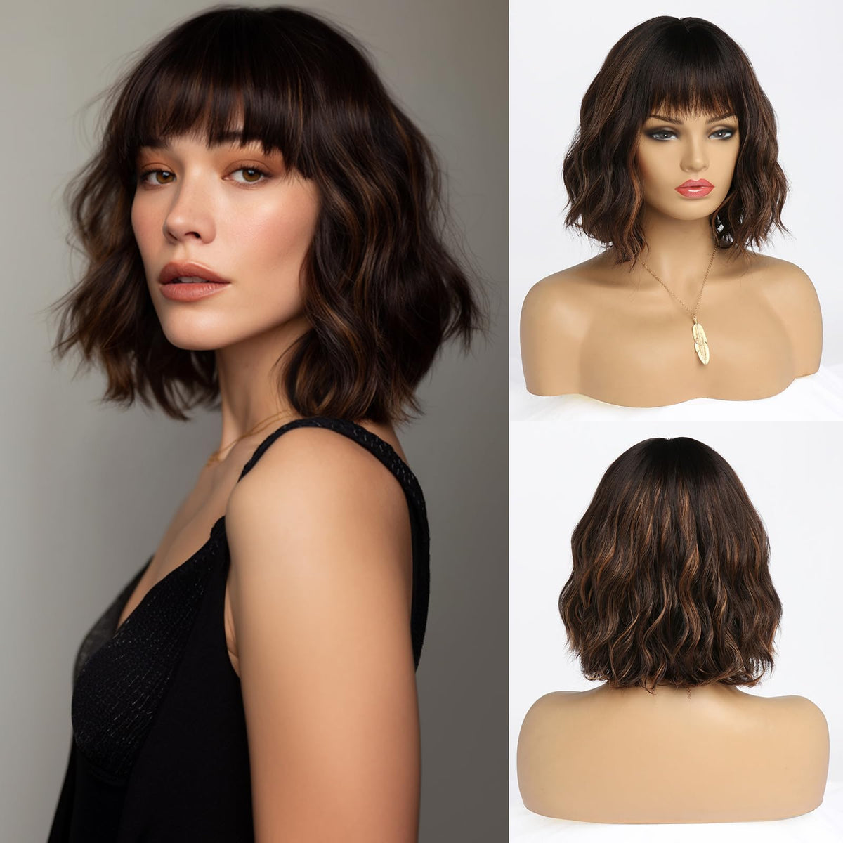 White Silver Wigs for Women Ombre Grey Wavy Bob Short Wigs with Bangs Medium Length Synthetic Hair Water Wave Dark Roots Wig Gray Colorful Wigs（14 Inches）