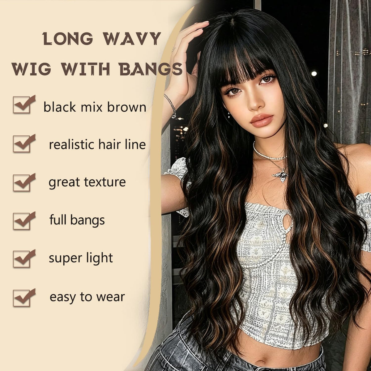 Burgundy Wig with Bangs for Women, Long Wavy Red Wig 26 Inch Wigs Heat Resistant Sythetic Wig for Daily Party Use