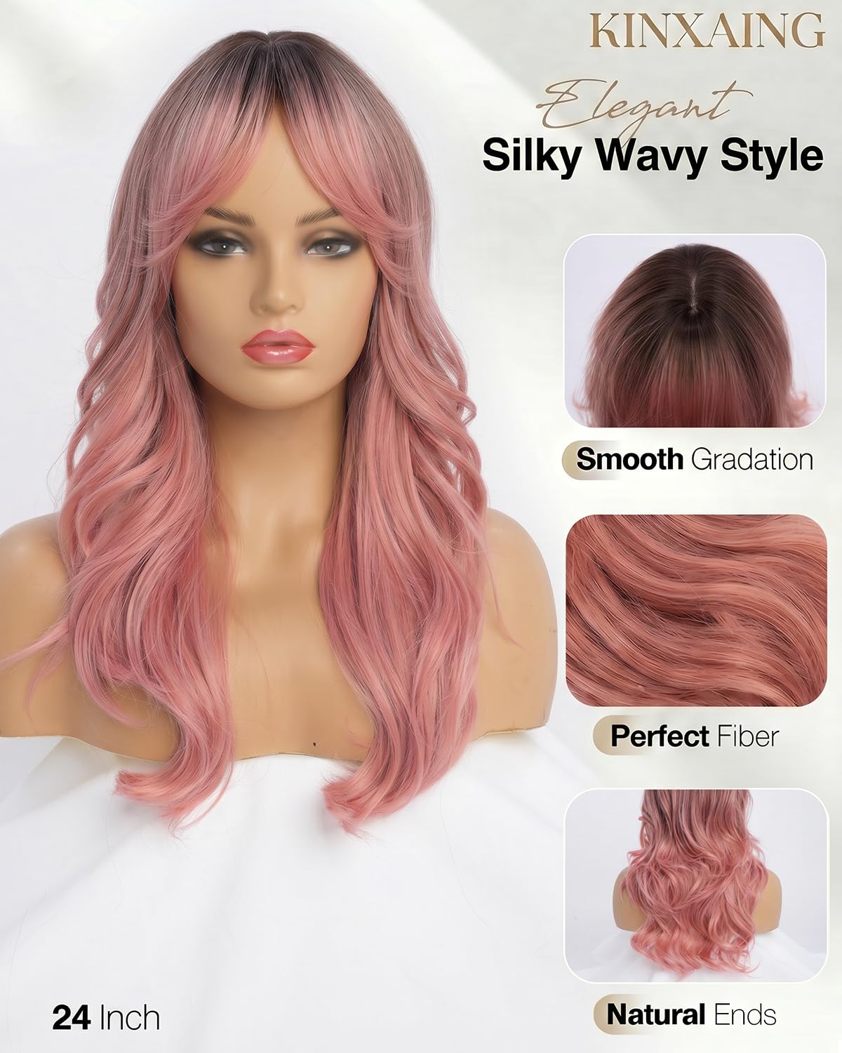 Ombre Pink Wavy Wig with Curtain Bangs 26 Inch – Long Layered Synthetic Hair Wig for Women, Natural Looking Dark Root Heat Resistant Wig, Soft Thick Full Wig for Daily Wear Party Cosplay