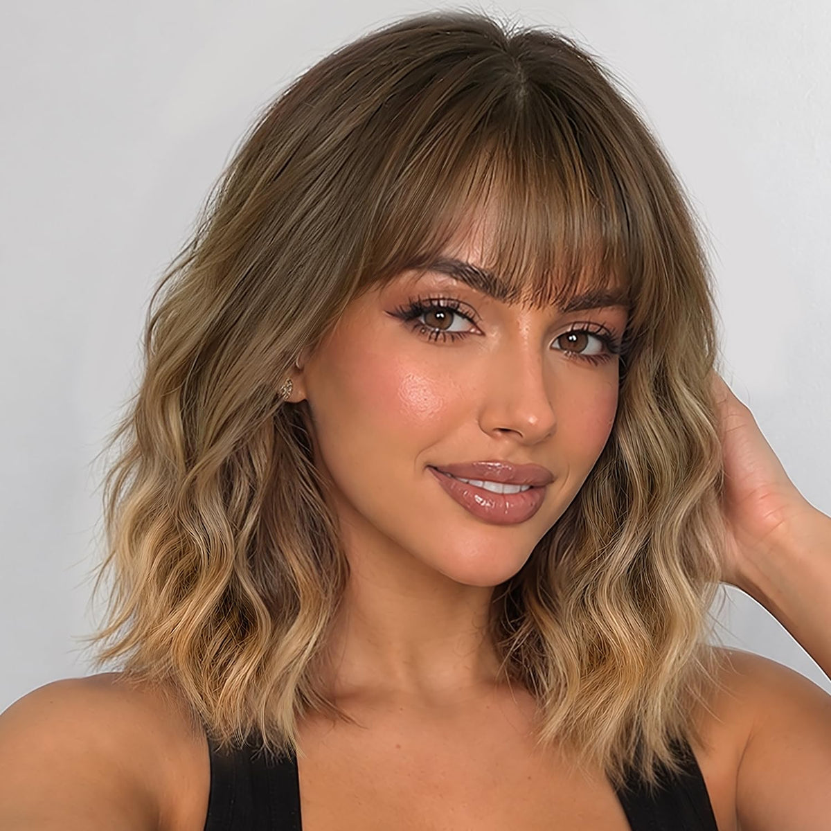 Nnzes Short Wavy Bob Wig with Bangs for Women Shoulder Length Curly Dark Brown with Purple Synthetic Heat-Resistant Fiber Hair for Daily & Party Use