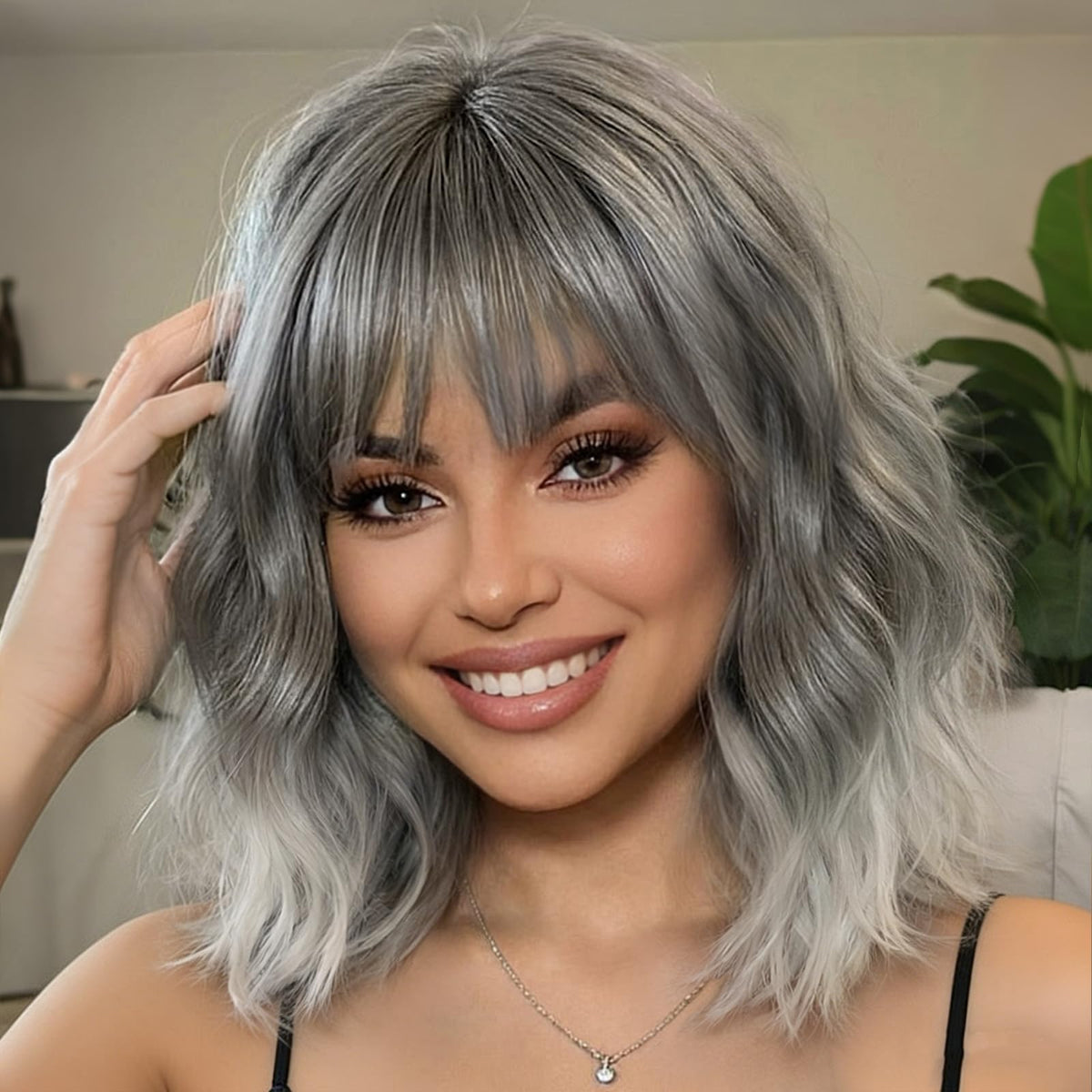 Nnzes Short Wavy Bob Wig with Bangs for Women Shoulder Length Curly Dark Brown with Purple Synthetic Heat-Resistant Fiber Hair for Daily & Party Use
