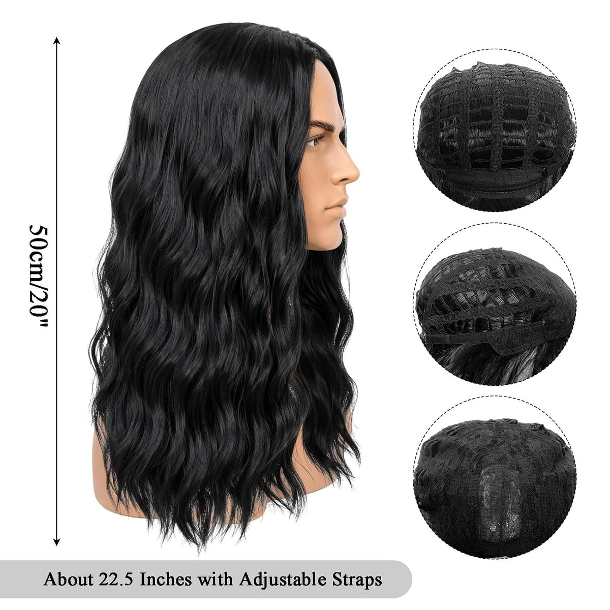 Black Male Wig Long Wavy Black Wig Shoulder Length for Halloween Cosplay