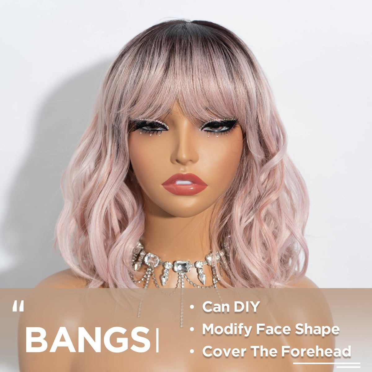 NOBLE Blue Wig with Bangs 12 Inches Short Bob Curly Wig Blue Wigs for Women Colorful Wavy Bob Wigs with Air Bangs Heat Resistant Synthetic Silver Blue Halloween Wigs for Cosplay Party