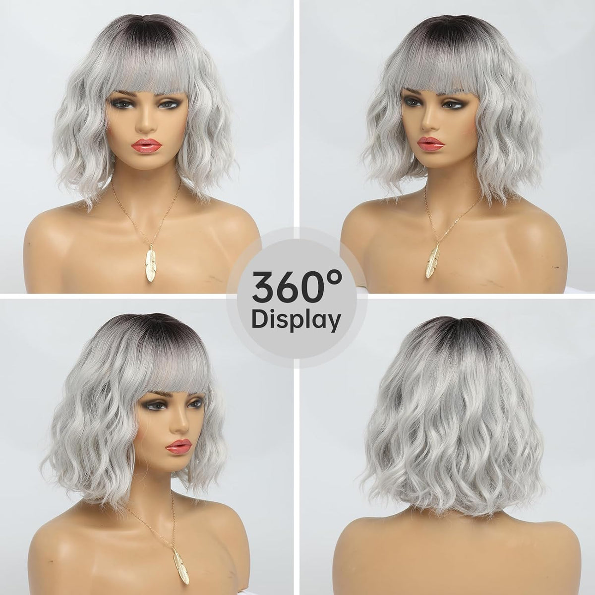 White Silver Wigs for Women Ombre Grey Wavy Bob Short Wigs with Bangs Medium Length Synthetic Hair Water Wave Dark Roots Wig Gray Colorful Wigs（14 Inches）