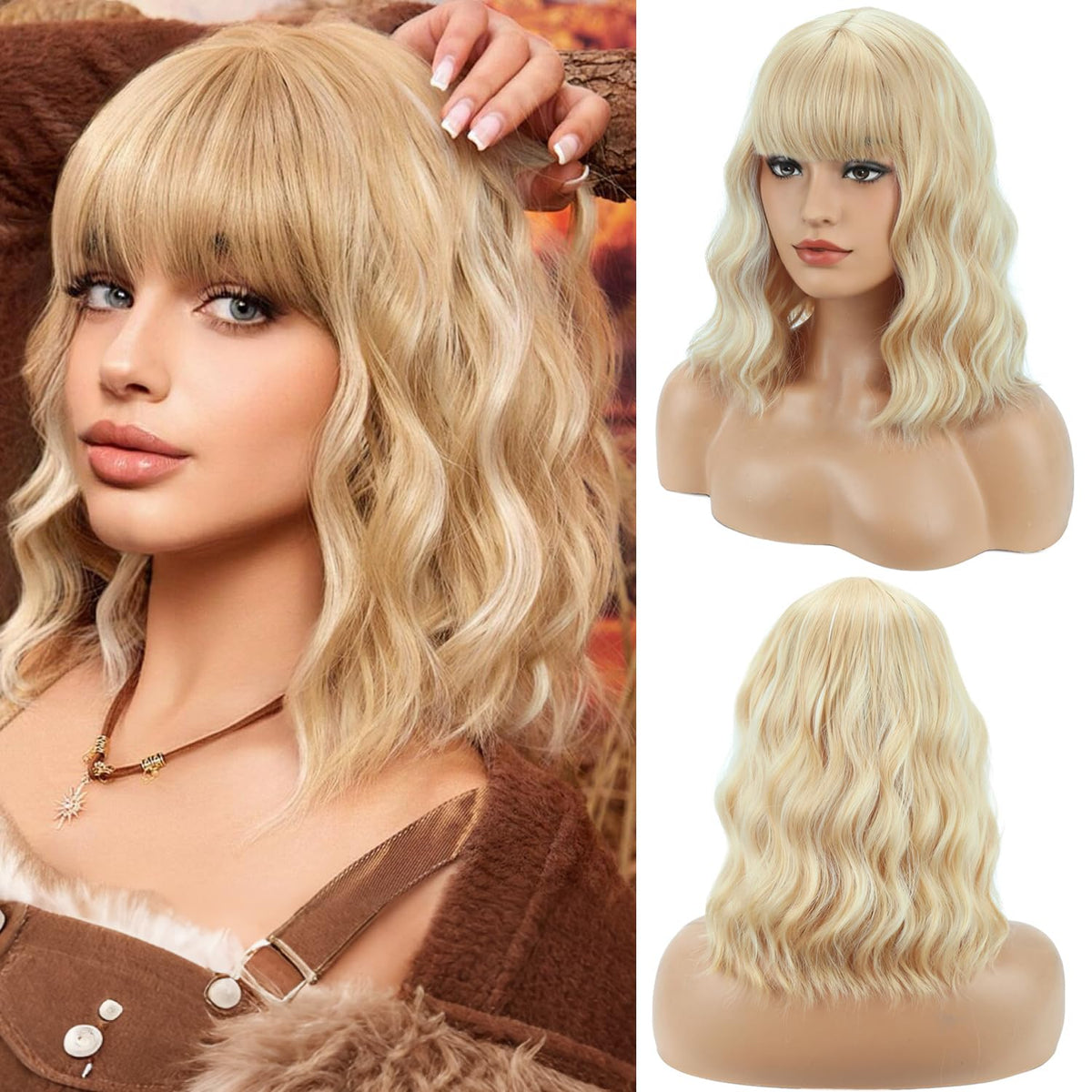 BERON 14 Inches Pink Wig for Women Girls Short Curly Synthetic Wig with Bangs Lovely Pink