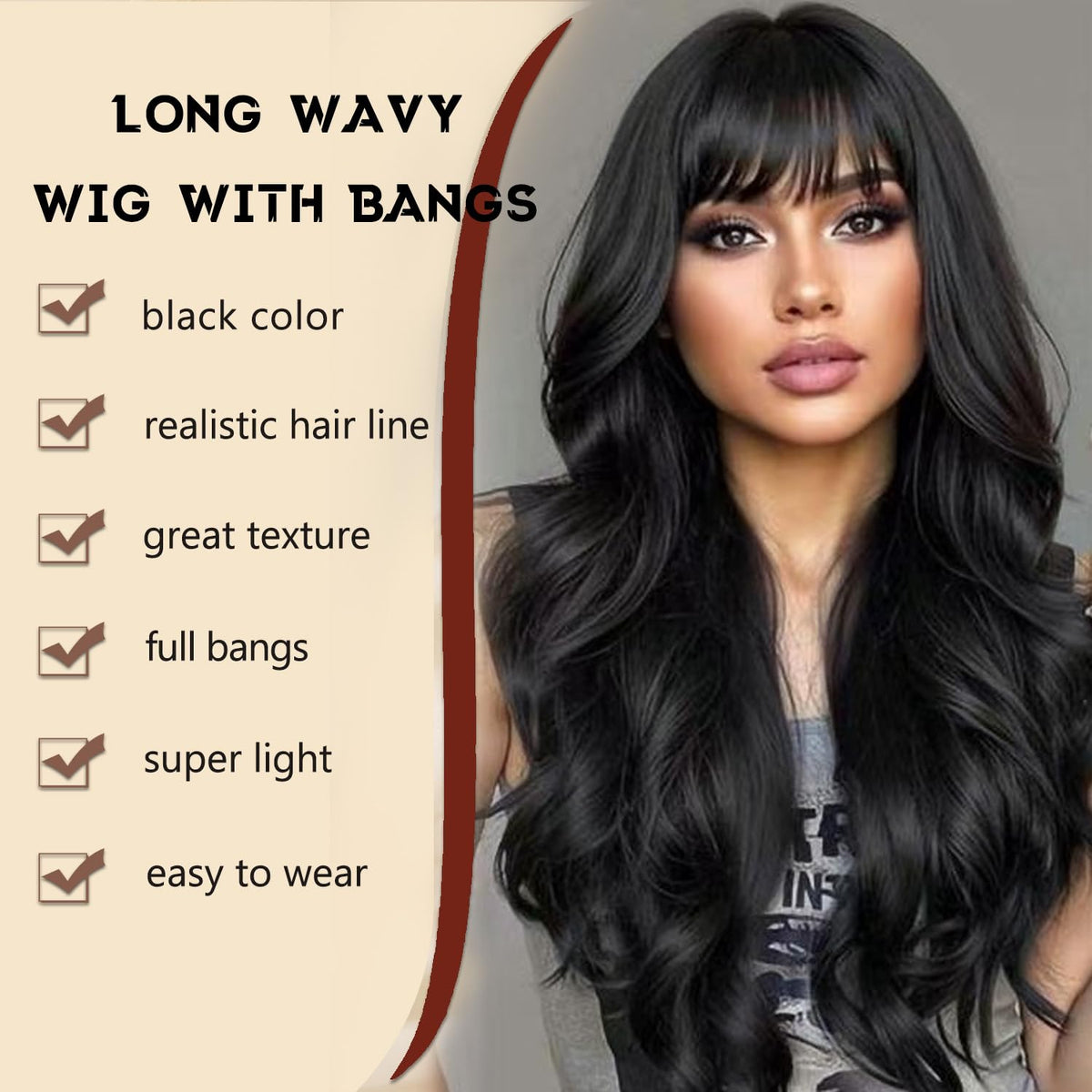 Burgundy Wig with Bangs for Women, Long Wavy Red Wig 26 Inch Wigs Heat Resistant Sythetic Wig for Daily Party Use