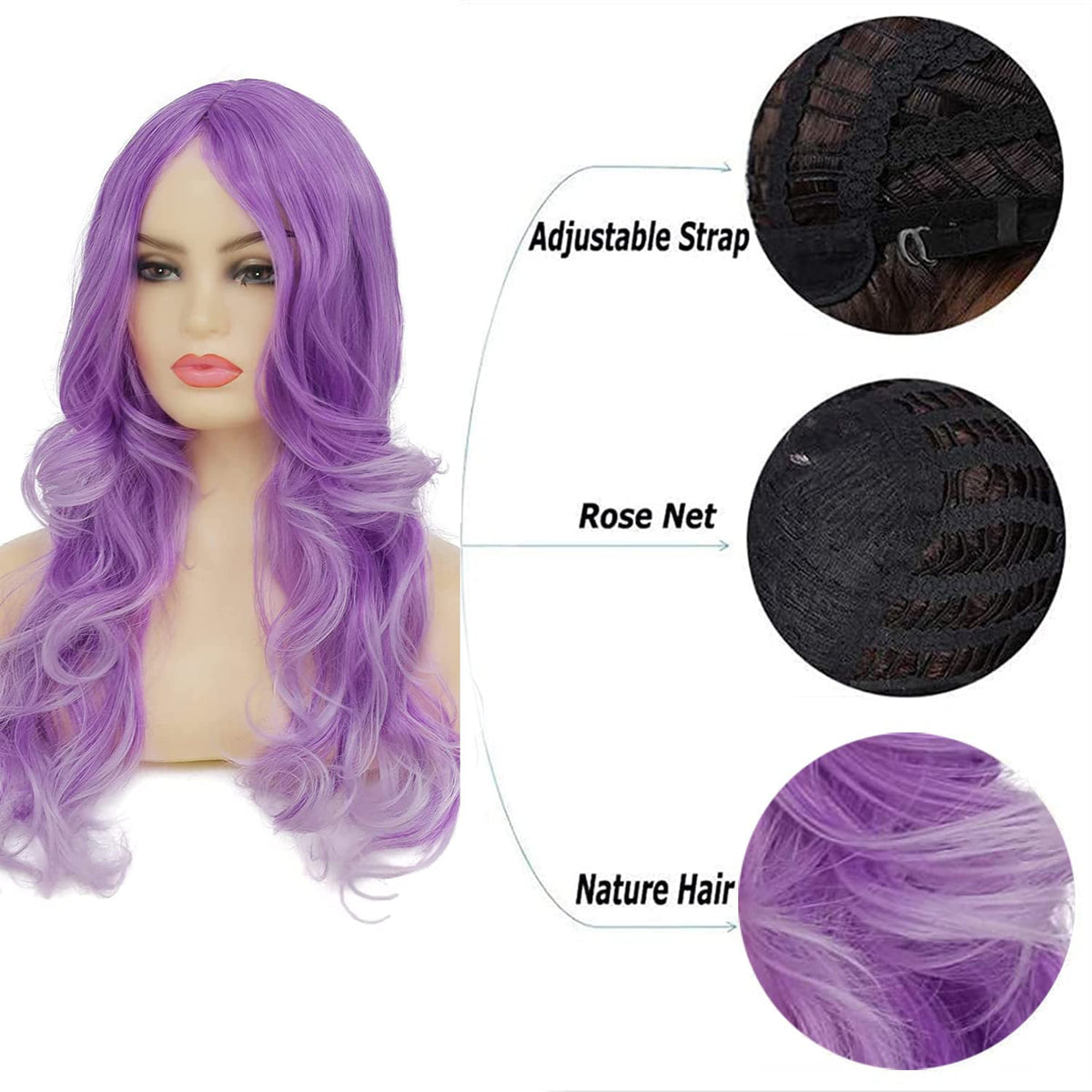Long Curly Wavy Silver Grey to Purple Wig Side Part Natural Looking Synthetic Cosplay Wig for Women