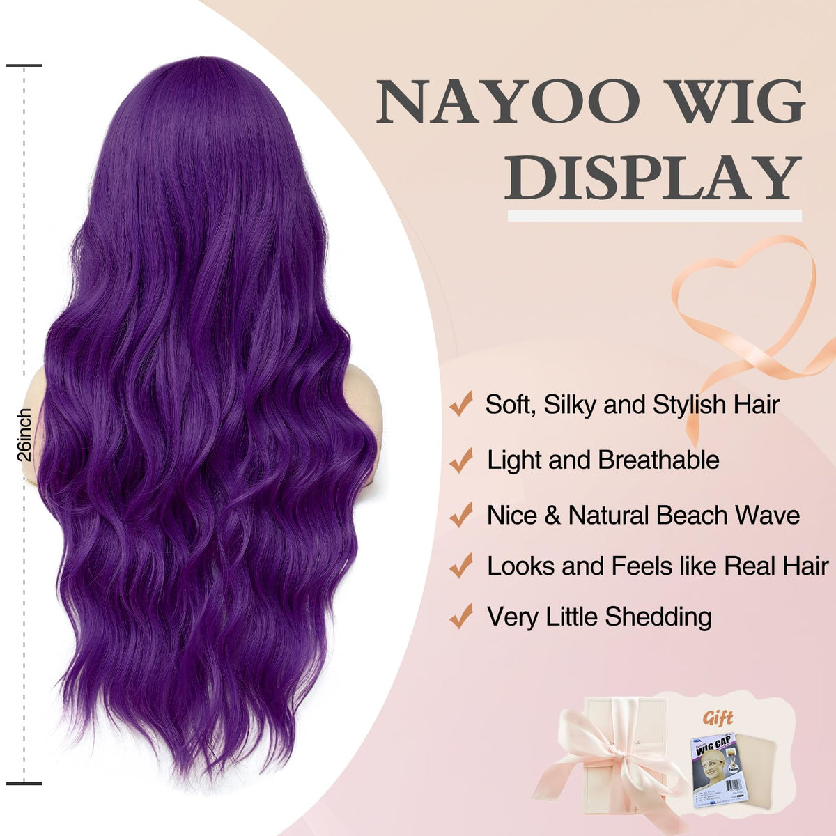 NAYOO 26 Inch Long Wavy Black Wig for Women, Middle Part Natural Looking Synthetic Wig, Heat Resistant Fiber Soft & Lightweight, Realistic Scalp Long Curly Wig for Daily Wear Party Cosplay