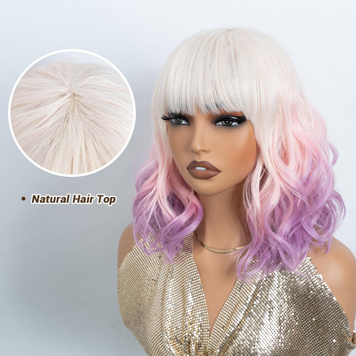 NOBLE Blue Wig with Bangs 12 Inches Short Bob Curly Wig Blue Wigs for Women Colorful Wavy Bob Wigs with Air Bangs Heat Resistant Synthetic Silver Blue Halloween Wigs for Cosplay Party