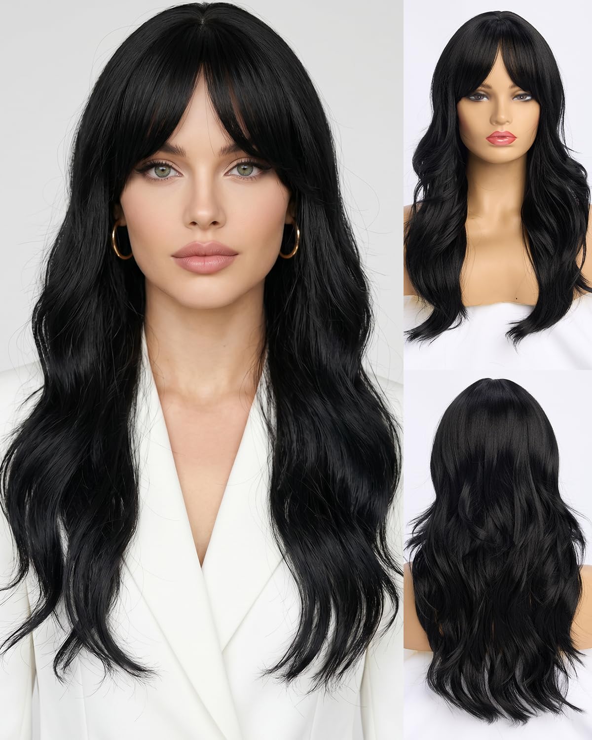 Ombre Pink Wavy Wig with Curtain Bangs 26 Inch – Long Layered Synthetic Hair Wig for Women, Natural Looking Dark Root Heat Resistant Wig, Soft Thick Full Wig for Daily Wear Party Cosplay