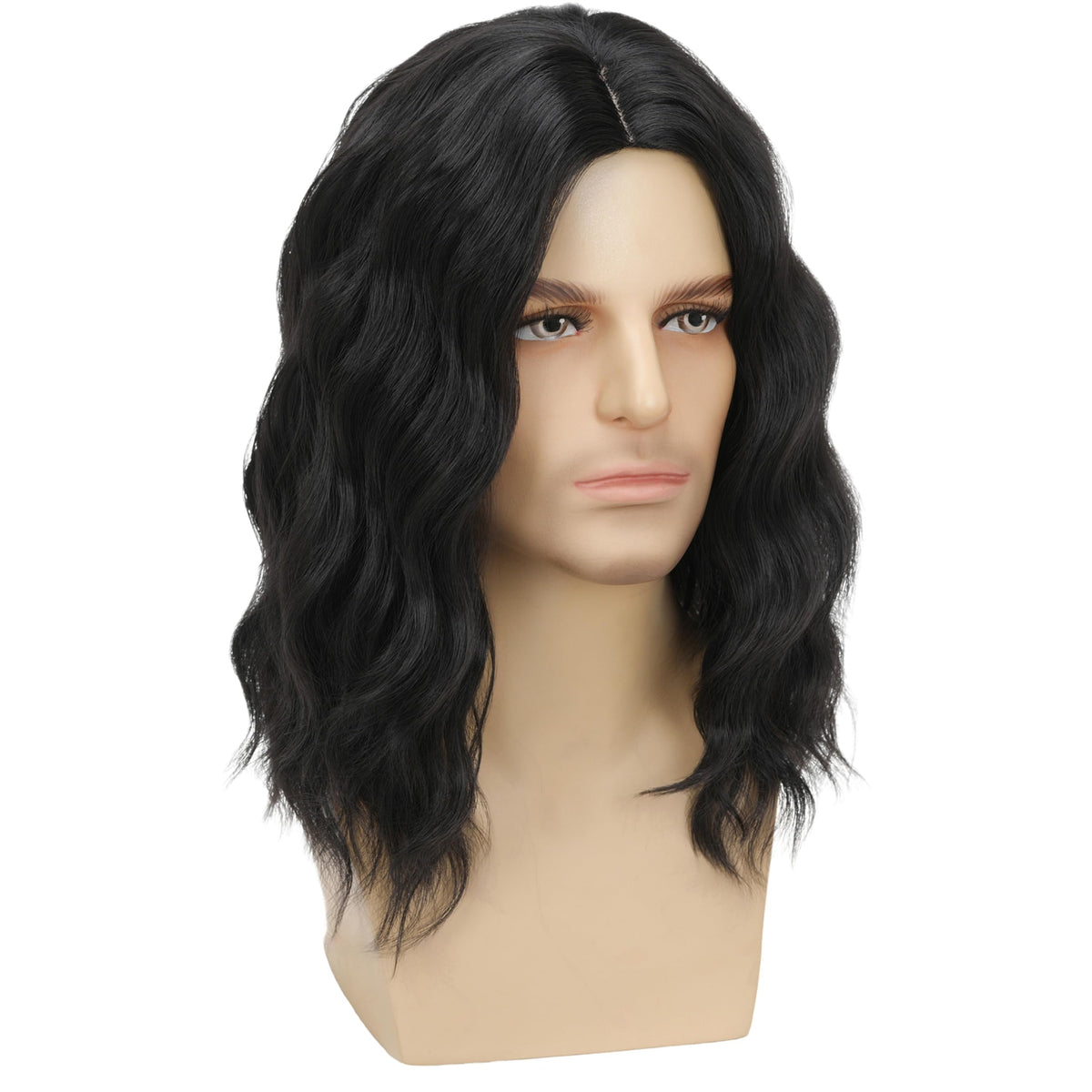 Mens Black Wig Long Curly Natural Hair Wig Layered Wavy for Daily Party Costume Cospaly Halloween