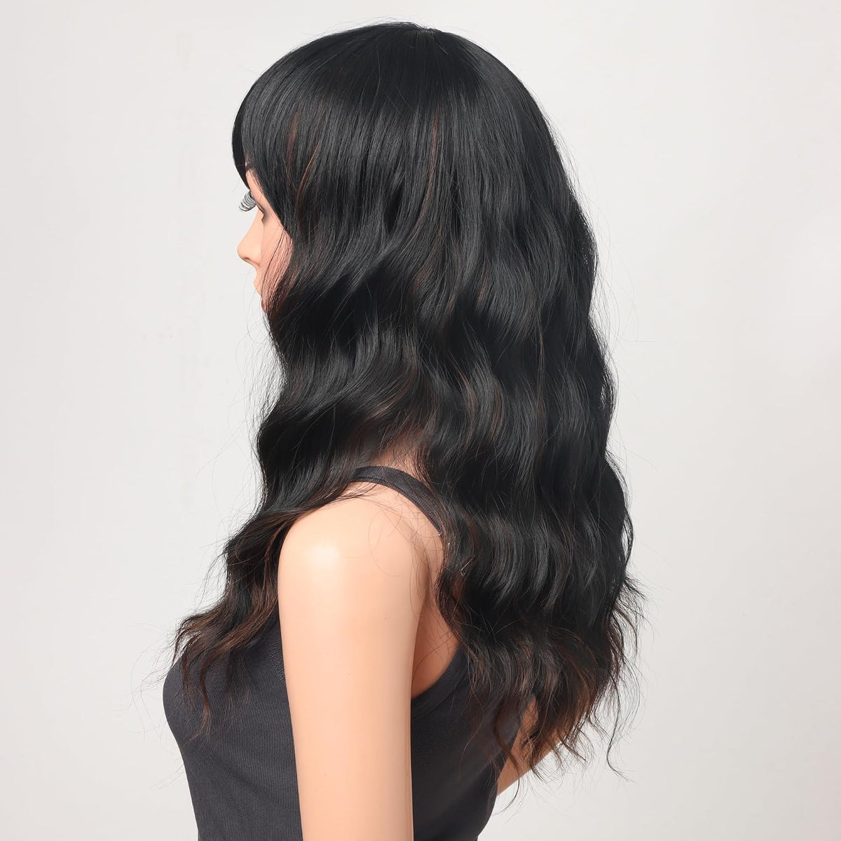18 Inch Wavy Wig with Bangs – Black With Brown Highlights Heat Resistant Synthetic Hair, Soft Silky & Natural Looking for Women