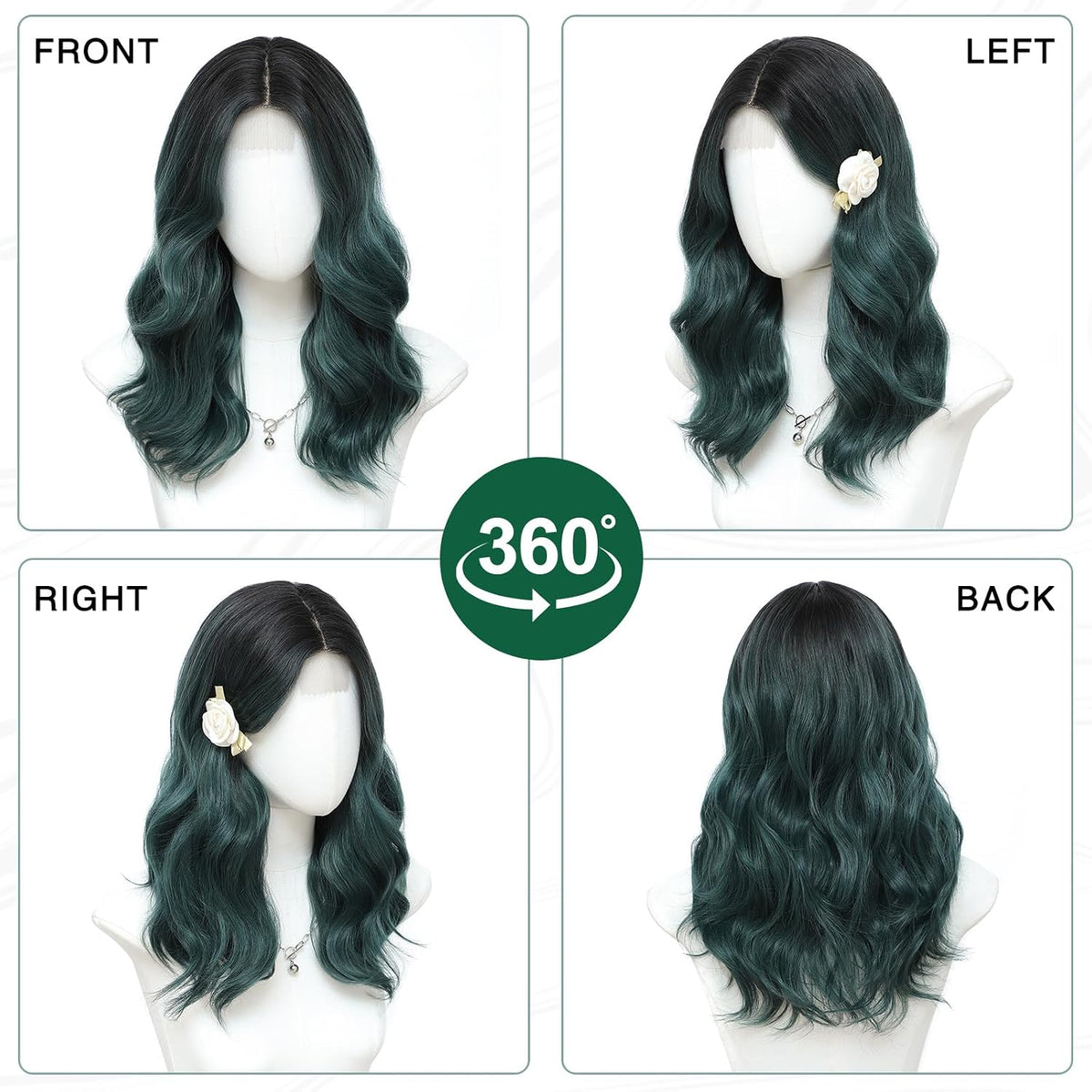 MORICA Ombre Dark Green Wigs for Women, 18 Inch Wavy Middle Part Wig