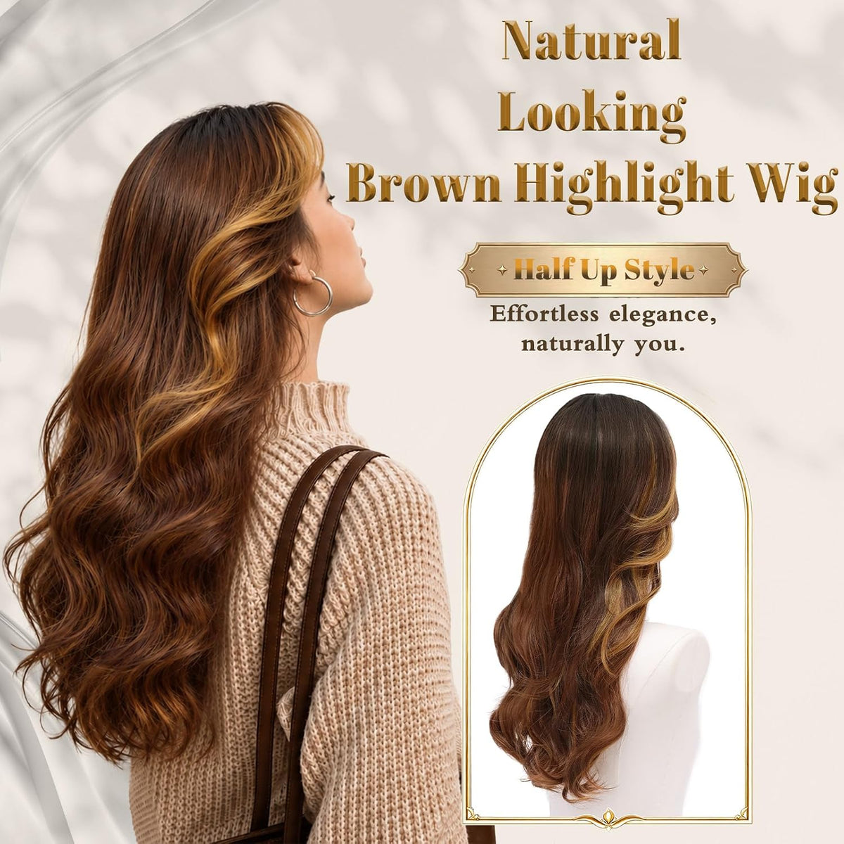 Rooted Honey Wig with Bangs for Women 24 Inch Long Wavy Synthetic Hair