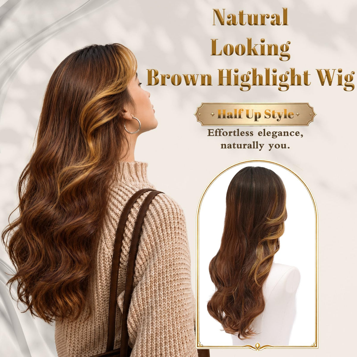 Rooted Honey Wig with Bangs for Women 24 Inch Long Wavy Synthetic Hair