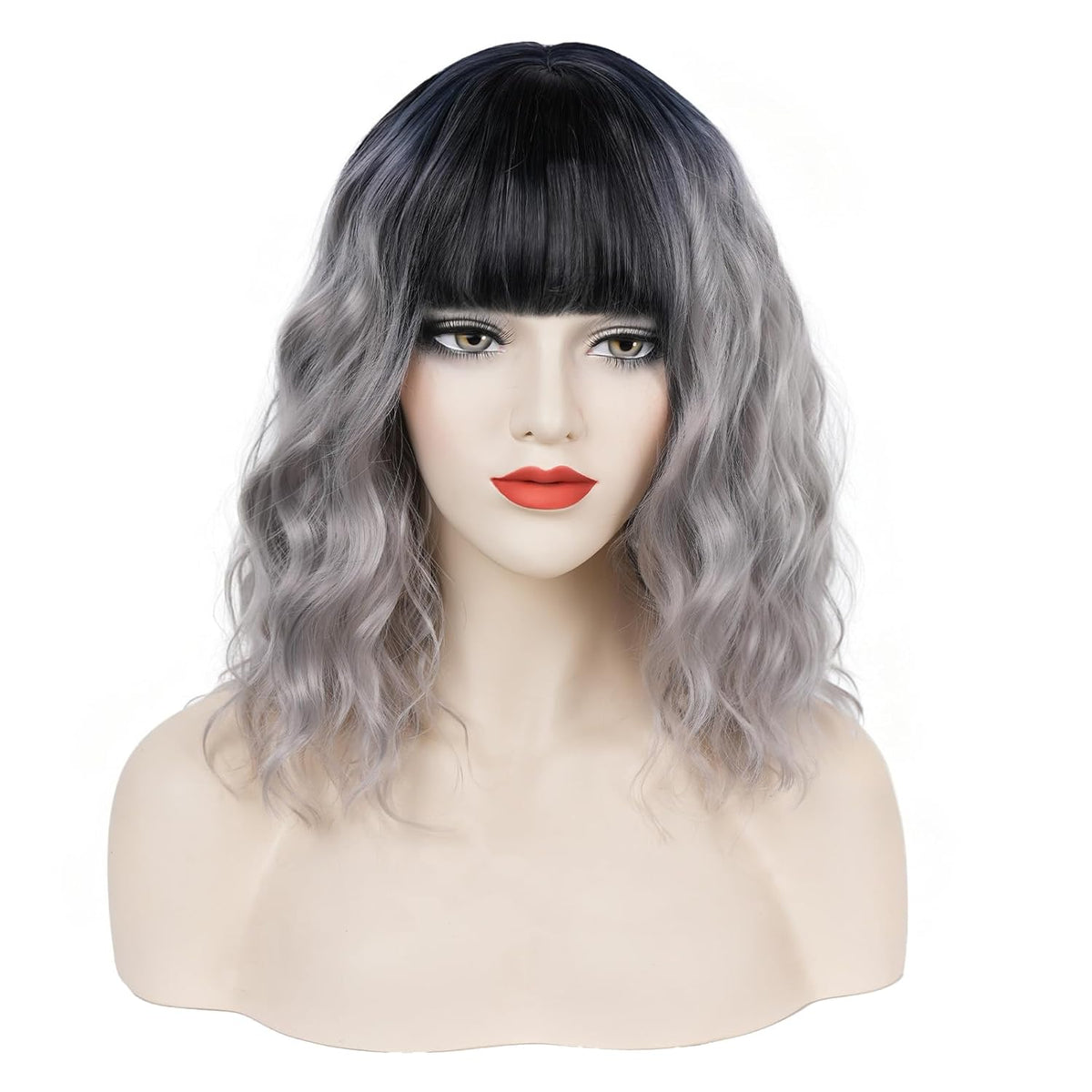 Short Black-grey Wavy Wig with Bangs for Women Halloween Curly Bob Wigs
