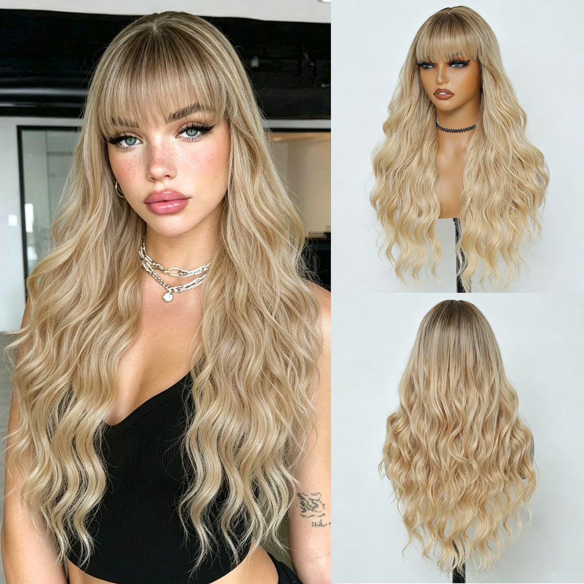 Burgundy Wig with Bangs for Women, Long Wavy Red Wig 26 Inch Wigs Heat Resistant Sythetic Wig for Daily Party Use