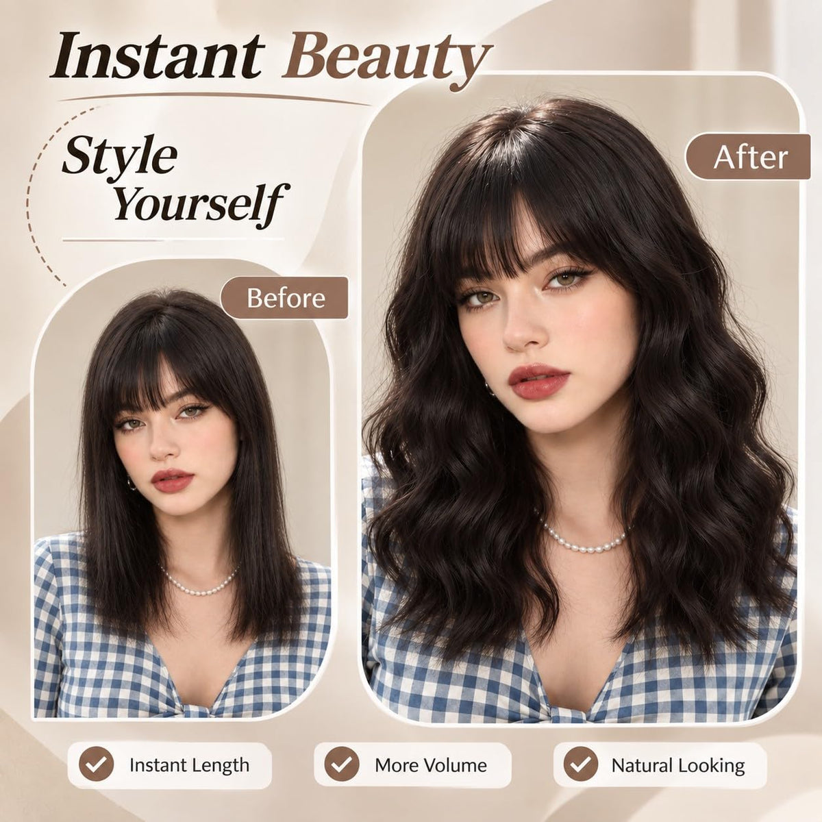 Black Wig with Bangs Long curly wavy Wigs for Women26In Synthetic Black Wig