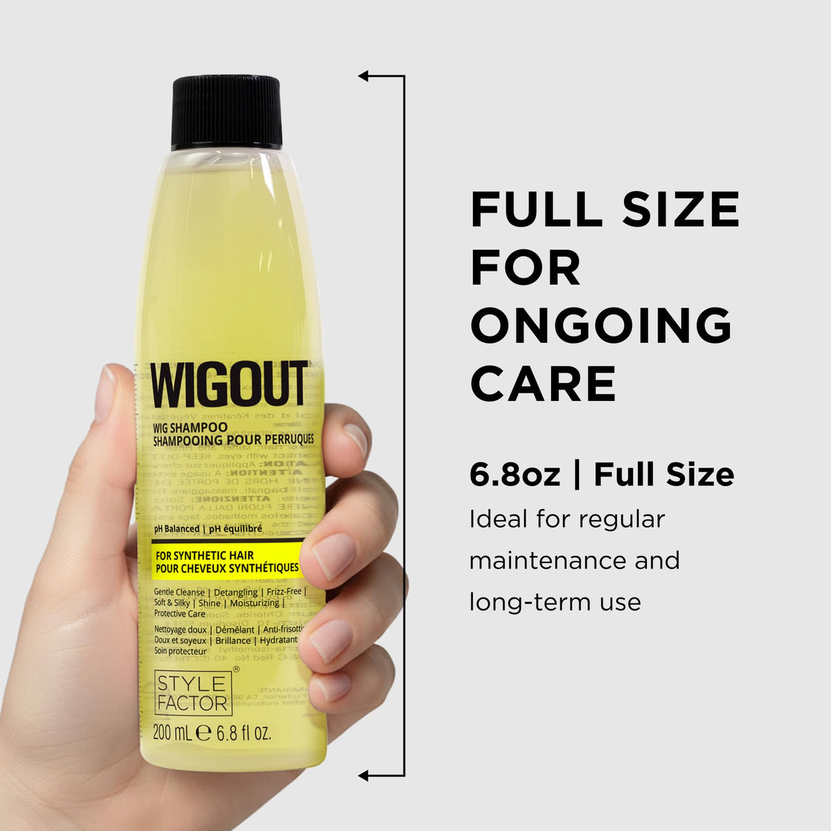 Style Factor WIGOUT Wig Shampoo for Human Hair - pH Balanced Moisturizing & Gentle Cleanse, Protective Care, Detangling, Frizz Free, Soft and Silky Shine Contains Vegan Keratin, 6.8 Fl Oz