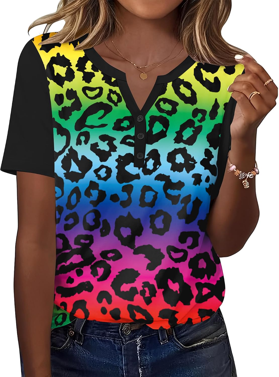 TCOT Women's Tops Dressy Casual Summer Blouses Short Sleeve Button V Neck Spring Tee Shirts