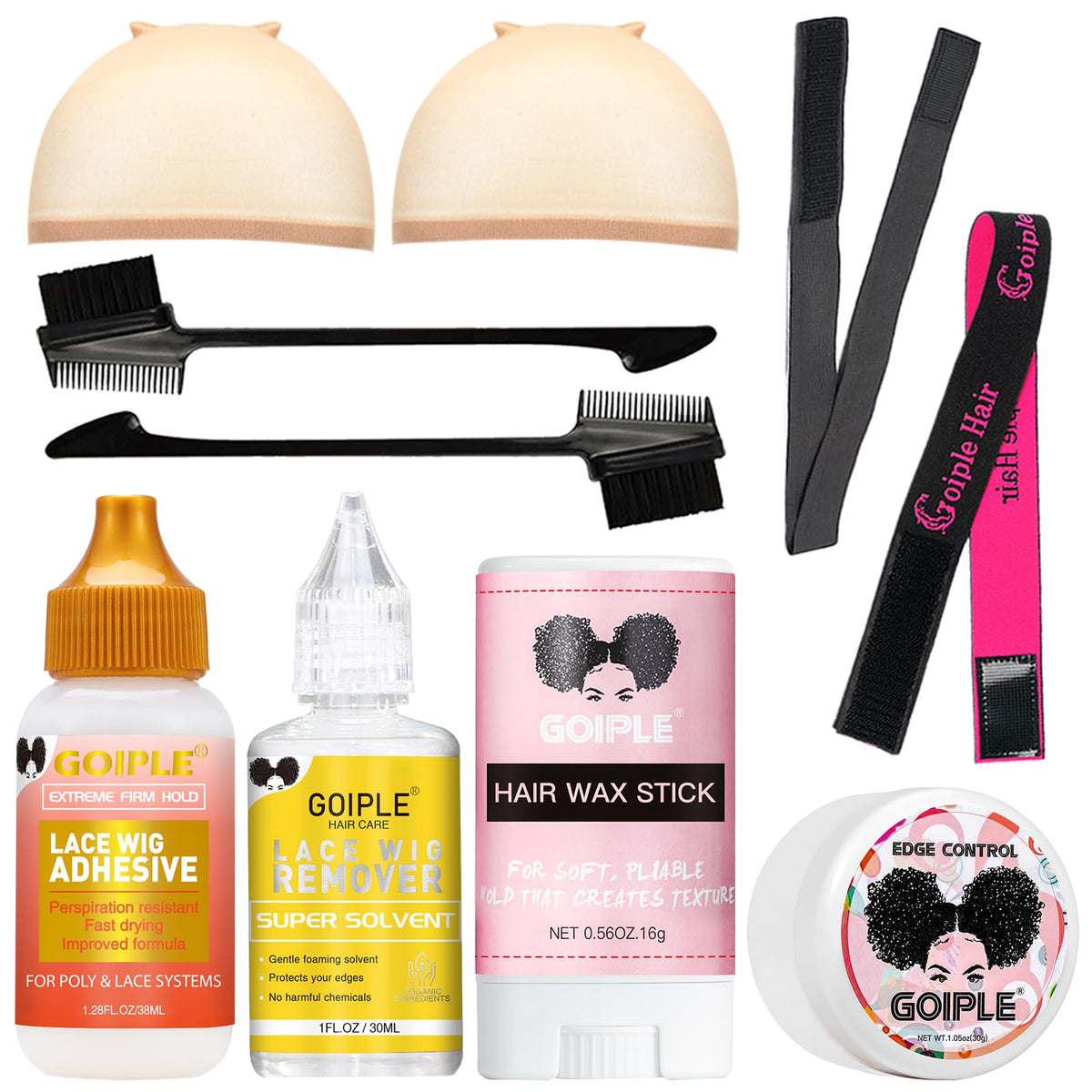 Wig Glue 1.28OZ, Waterproof Lace Front Adhsive for Wigs with Tools and Hair Wax Stick (Lace Adhesive/Wig Glue Remover/Wax Stick/Edge Control Wax/Elastic Band/Hair Dual Drush/Wigs Caps)