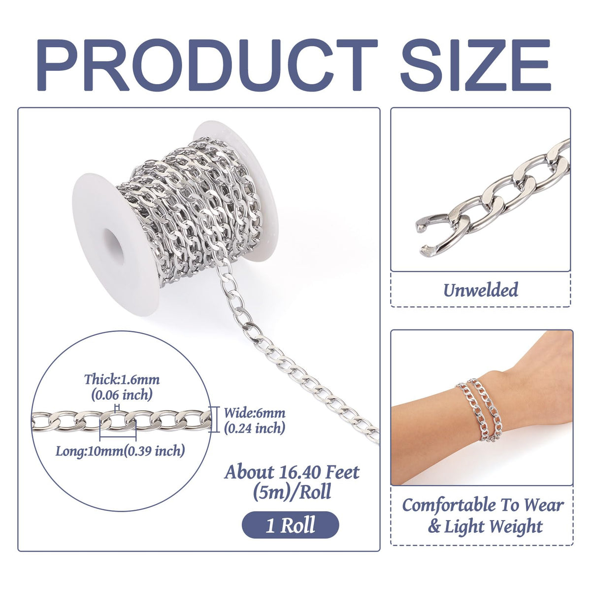Beadthoven 16.4ft Aluminum Curb Chains, Silver Color Chains for Jewelry Making 5mm Wide Metal Craft Chain Link Spool Twisted Links Oval Curb Chains Unwelded for Clothes Necklace Bracelet DIY Findings