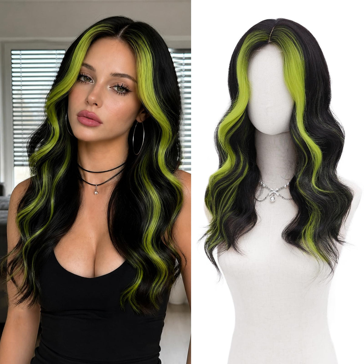 MORICA Ombre Dark Green Wigs for Women, 18 Inch Wavy Middle Part Wig