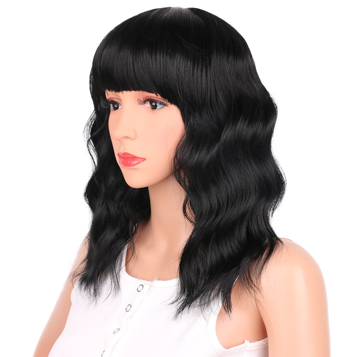 Black Mixed Brown Wig for Black Women Short Wavy Curly Bob Wig with Bangs