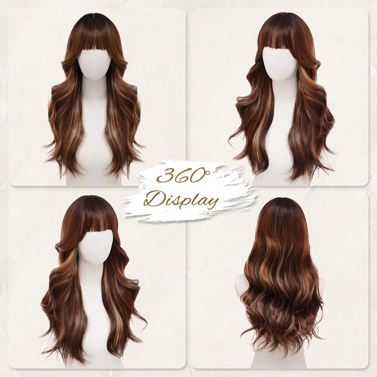Rooted Honey Wig with Bangs for Women 24 Inch Long Wavy Synthetic Hair