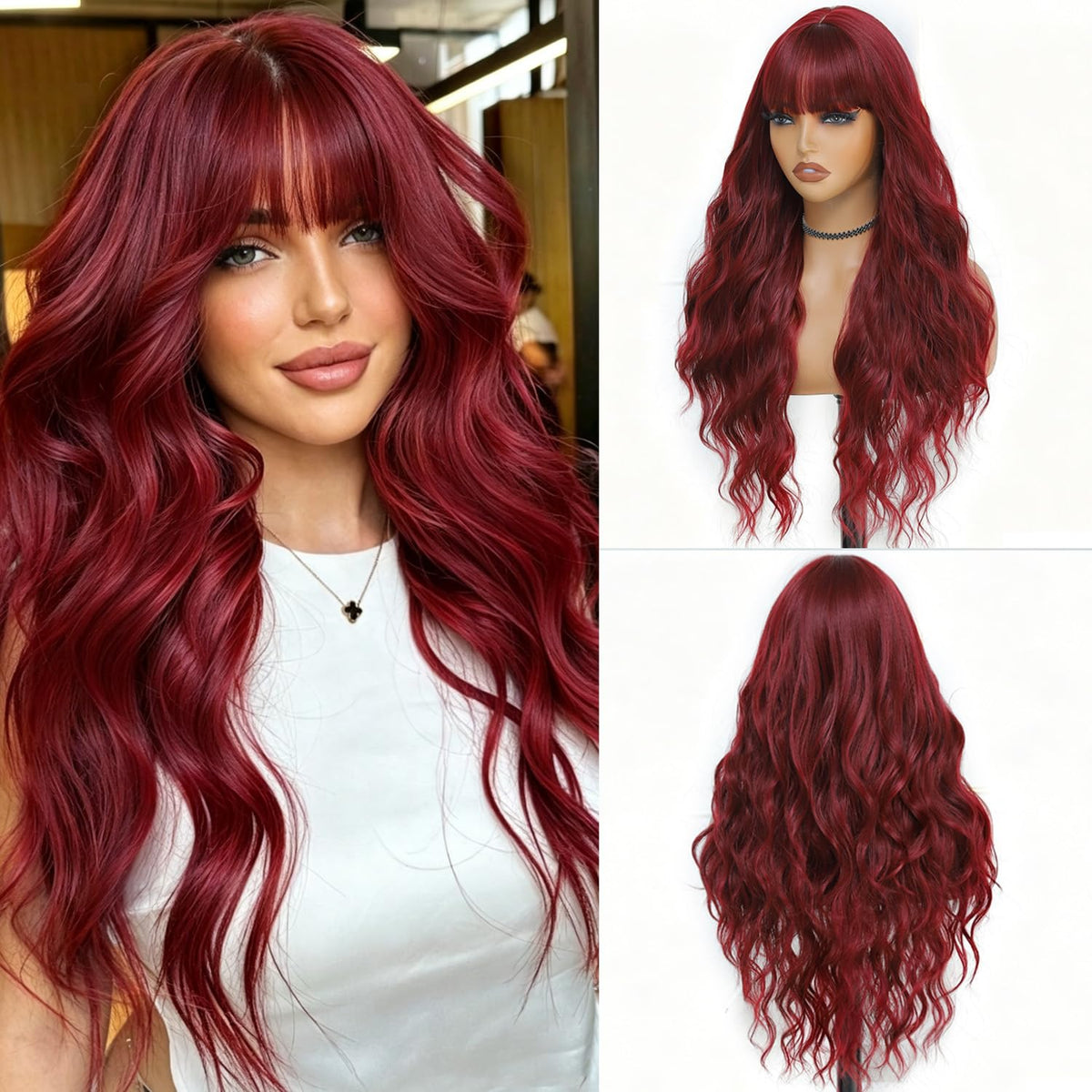 Burgundy Wig with Bangs for Women, Long Wavy Red Wig 26 Inch Wigs Heat Resistant Sythetic Wig for Daily Party Use