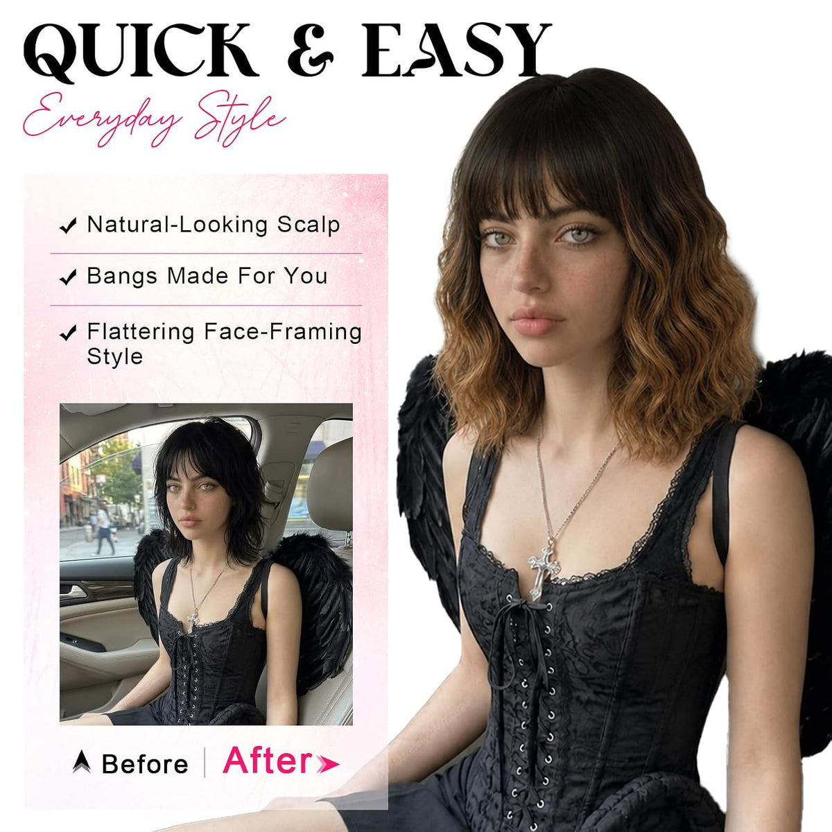 NOSTALGIA Wigs for Women, Short Wavy Bob Wig with Bangs, Trimmable Bangs, Shoulder Length, Black To Brown Heat Resistant Synthetic Wig for Daily Party Use, 14 Inch