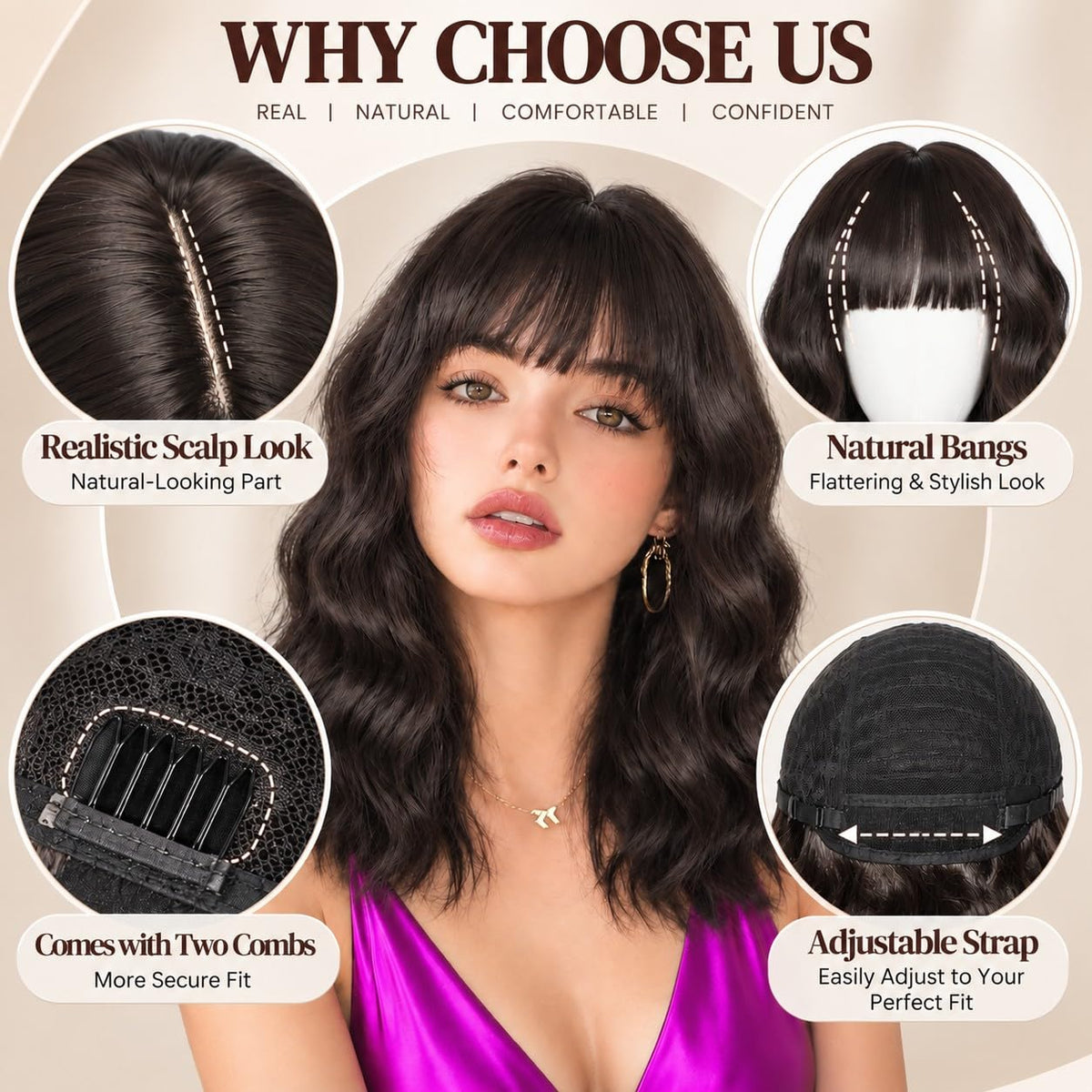 Black Wig with Bangs Long curly wavy Wigs for Women26In Synthetic Black Wig