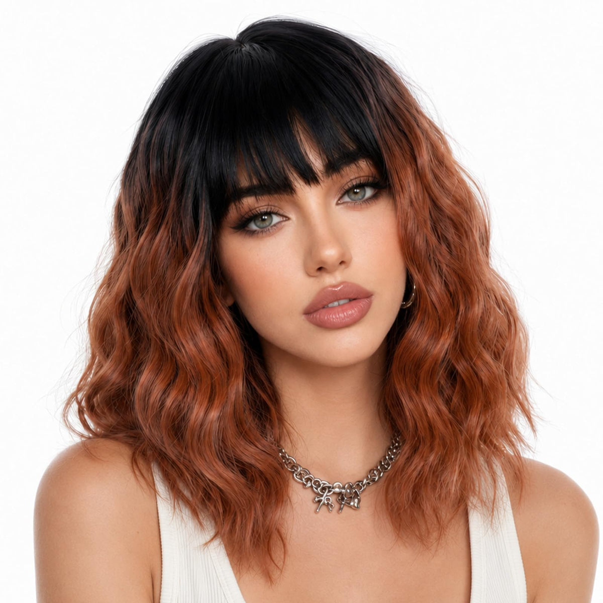 Short Black-grey Wavy Wig with Bangs for Women Halloween Curly Bob Wigs