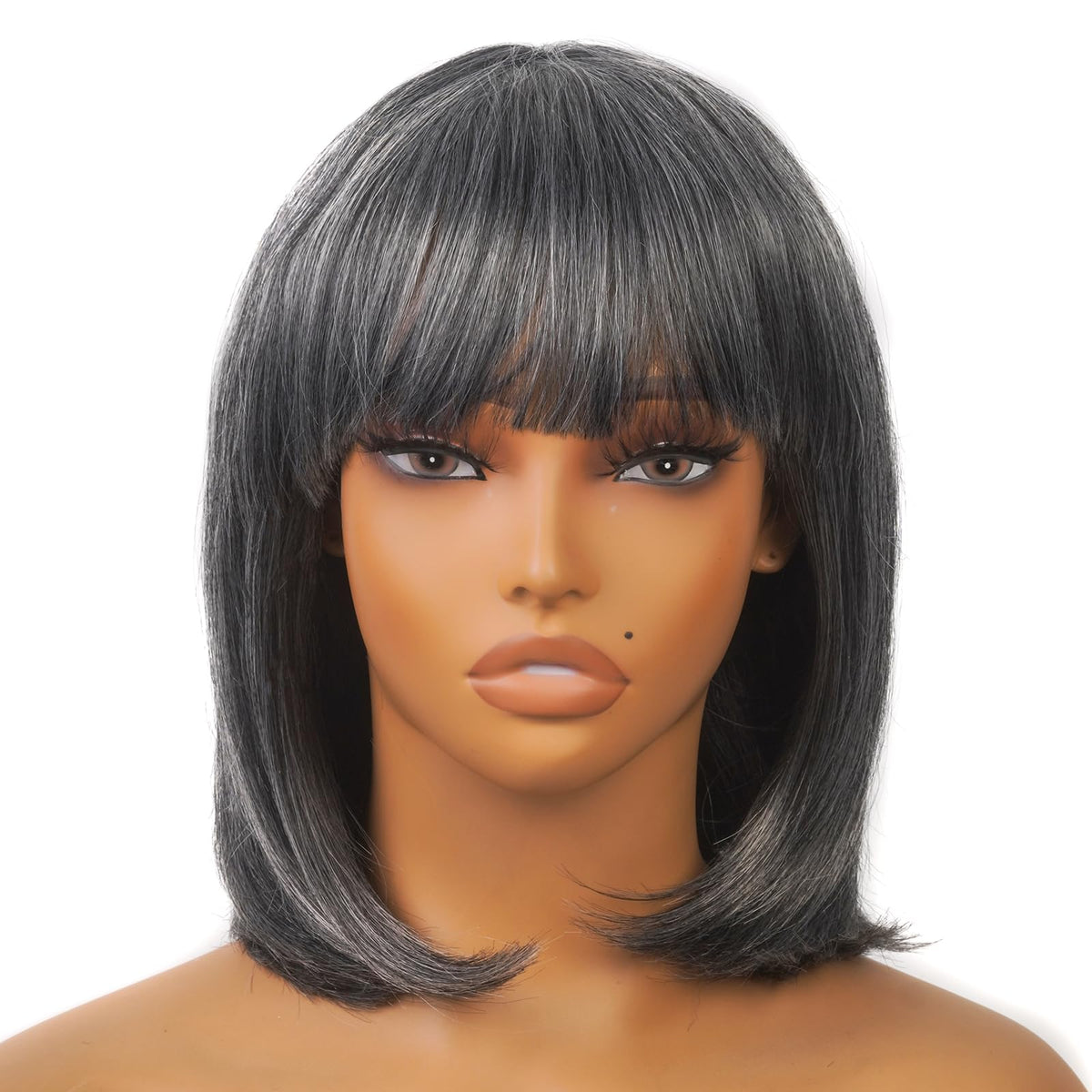 ToyoTress Bob Wig With Bangs - 12 Inch Peek-a-boo Color Short Bob Wig For Black Women Black Mix Brown Daily Costume Wigs, Light Yaki Straight Synthetic Hair Wigs Heat Resistant (12 Inch, SH30-612H)